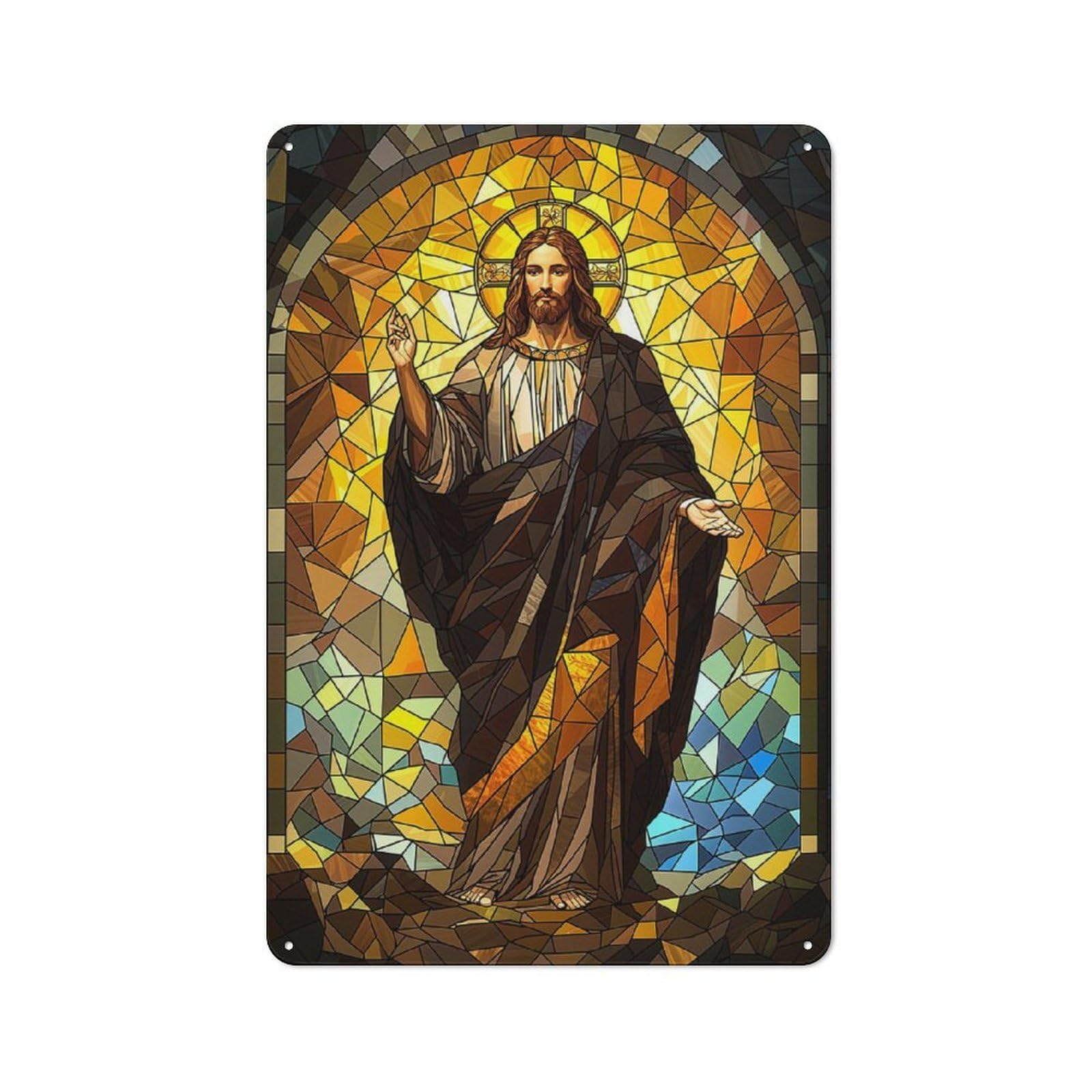 Stained Glass Jesus Decorative Metal Plaque 30x20cm, Modern Retro Urban Room Decor for Workspace, Cafe, Hallway Or Garage