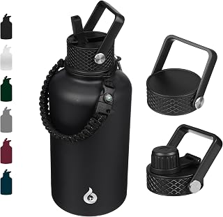 BJPKPK 64oz Half Gallon Insulated Water Bottle with Straw Lid, 3 Lids & Paracord Handle - Stainless Steel Thermo Keeps Cold 24H/Hot 12H, Black
