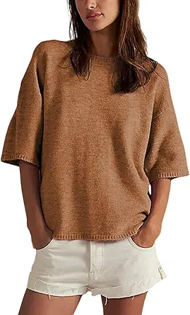 Yeokou Women Sweater Tee Casual Crewneck Short Sleeve Pullover Top Ribbed Knit Loose Shirt