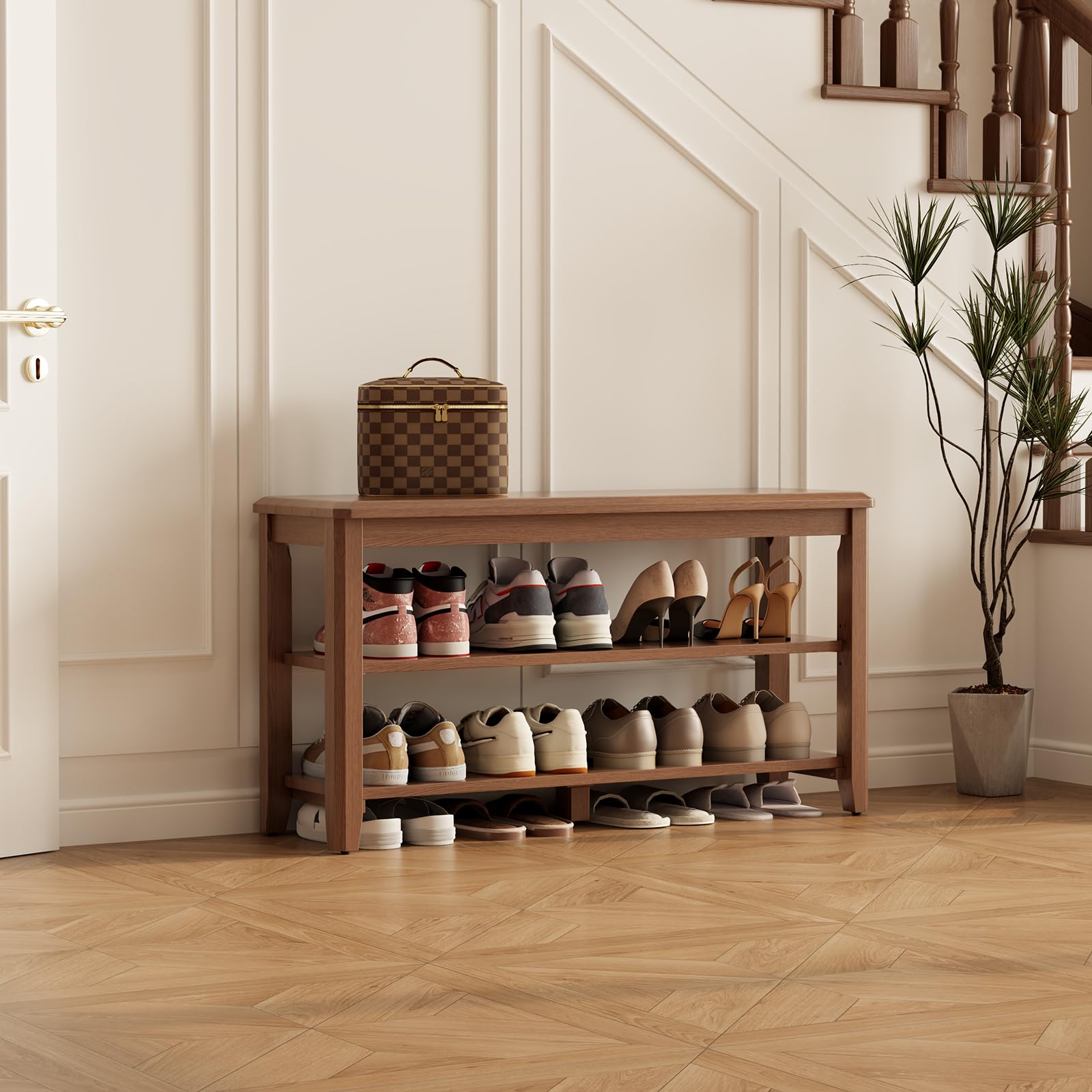KASLANDI Schuhbank Holz, Schuhregal mit 2 Ebenen, Verstellbare Ablage, Schma und Platzsparend für Flur, Eingangsbereich, Wohnzimmer, Schlafzimmer,100 x 30 x 52 cm (Walnuss)