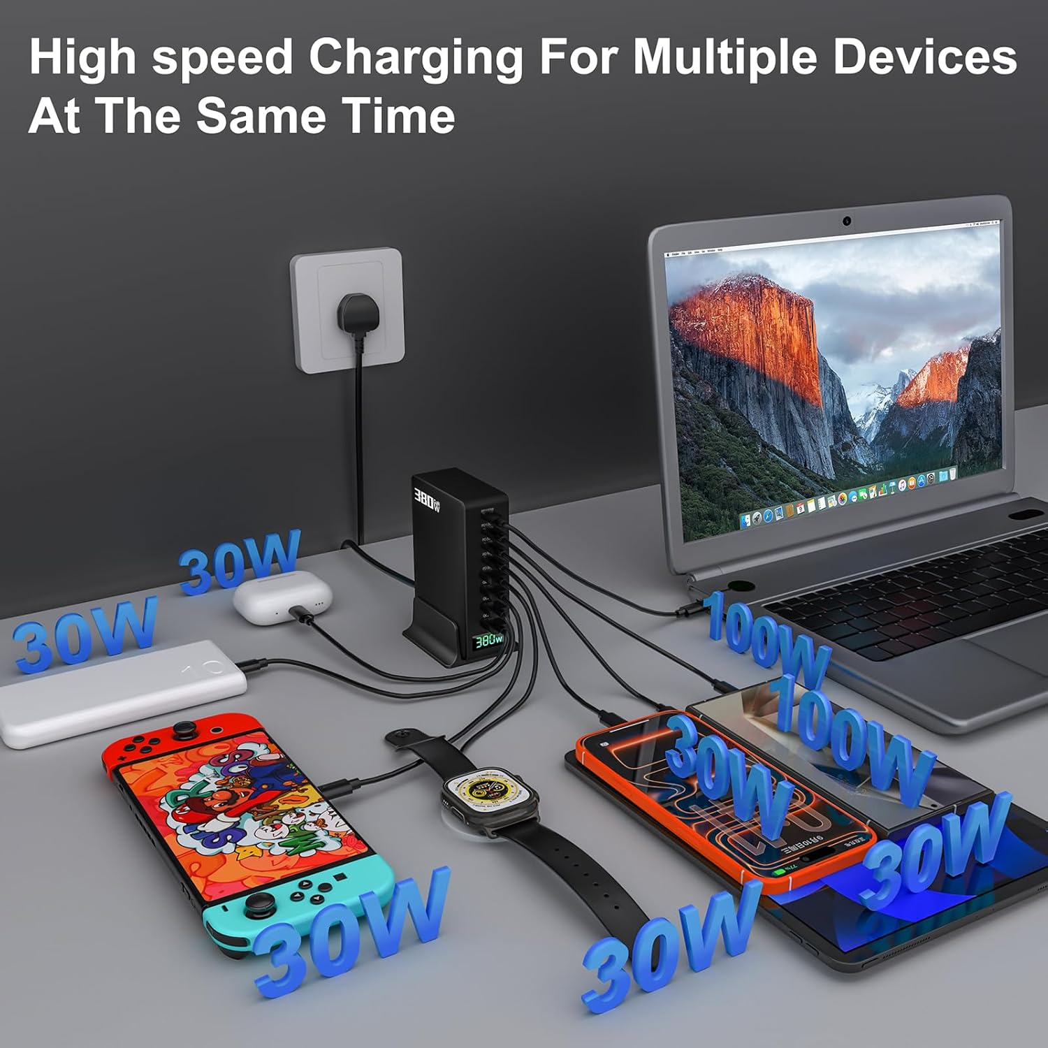 380W USB C Fast Charger Block, Multi-port USB Charging Station, GaN Ⅲ Double 100W PD PPS Port Fast Charging Station for Multiple Devices,Laptop Wall Charger Compatible with MacBook, iPhone 17,iPad etc