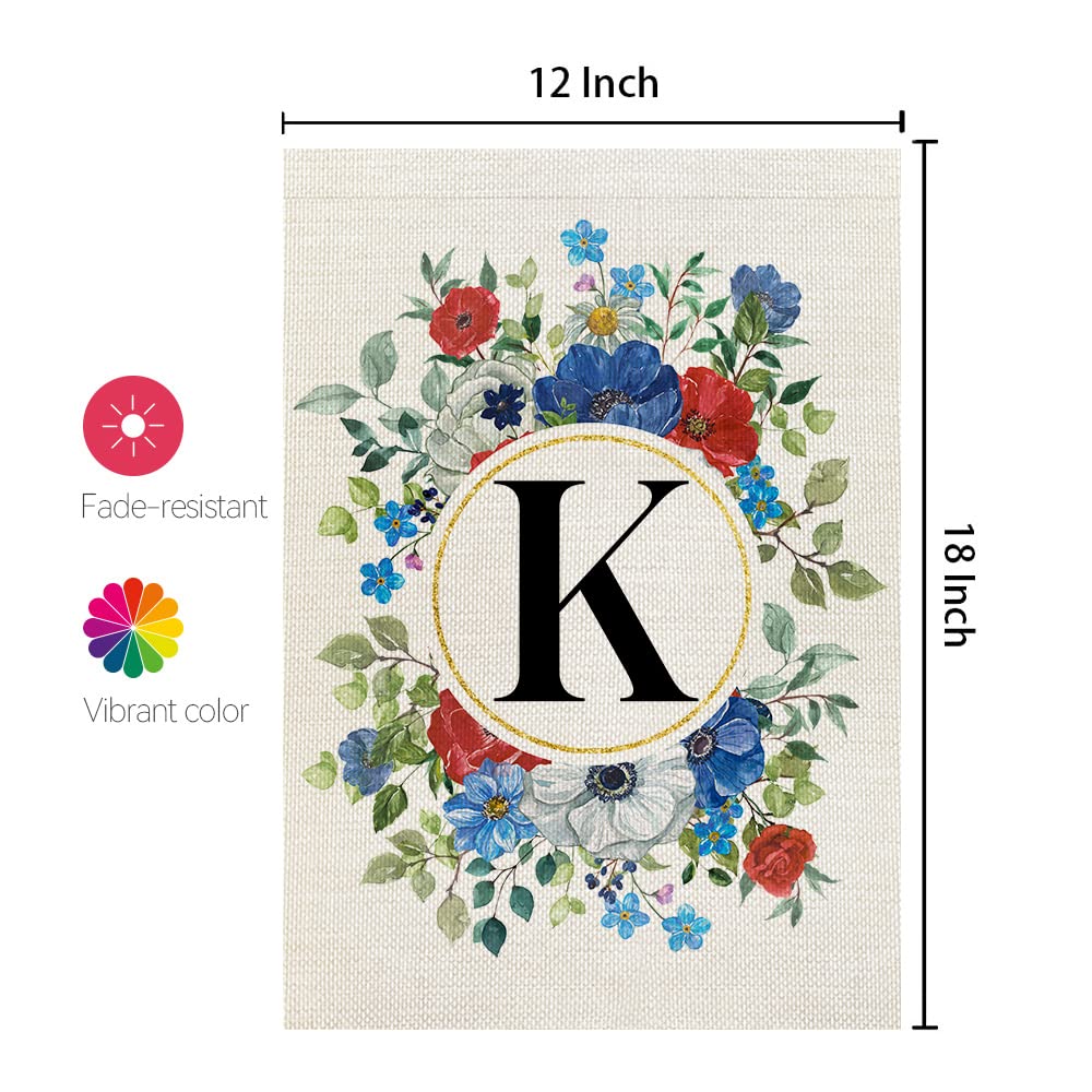 CROWNED BEAUTY 7月4日 モノグラム 文字 K 愛国的な庭の旗 フローラル 12x18インチ 両面 記念 独立記念日