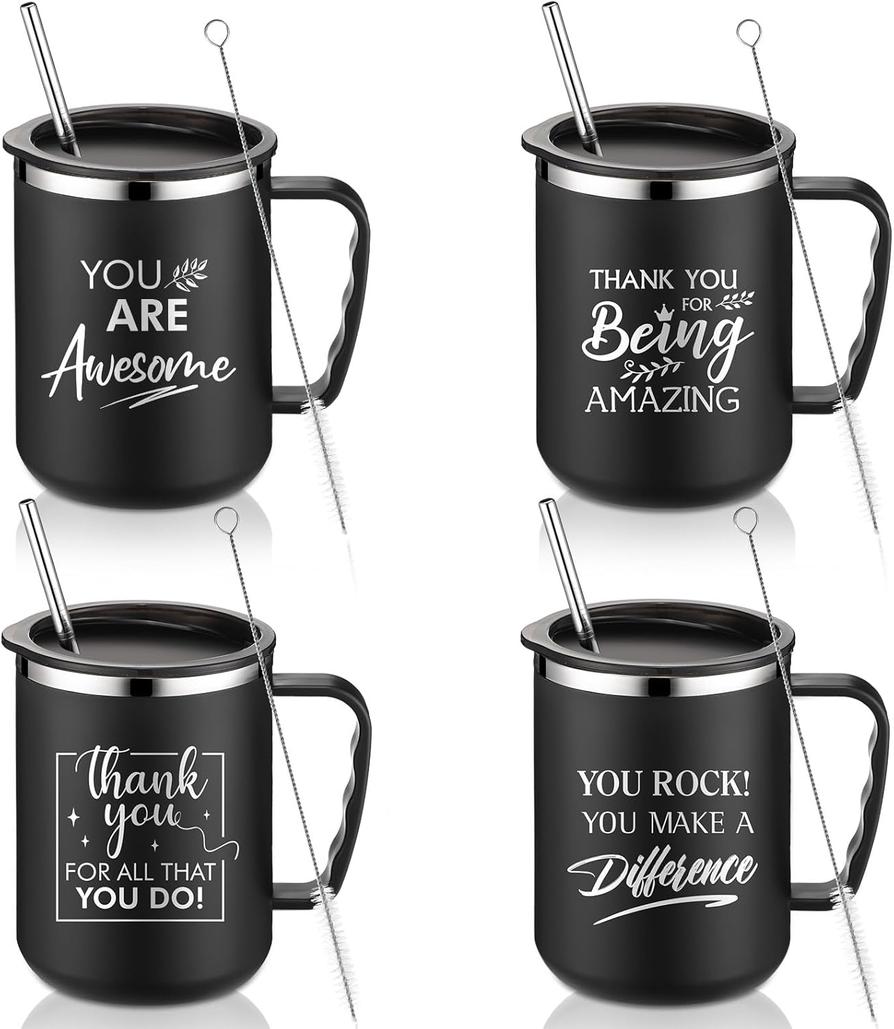 Sumind Employee Appreciation Gifts 17 oz Thank You Stainless Steel Coffee Mugs Gifts with Handle Lid Straw Social Worker Appreciation Gift for Coworker Staff(Black,4 Pcs)