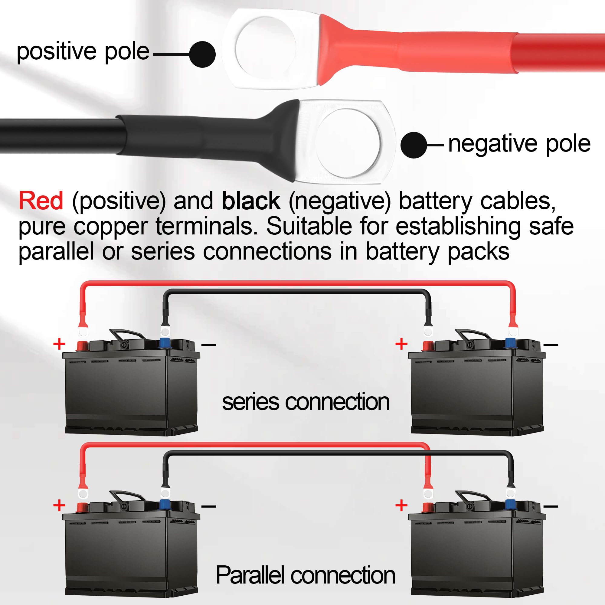 8 AWG Cable de batería,de cobre puro de calibre 8 con terminales de 5/16", optimizado como cable para inversores de coches, autocaravanas, baterías y sistemas solares de 12 V/24 V