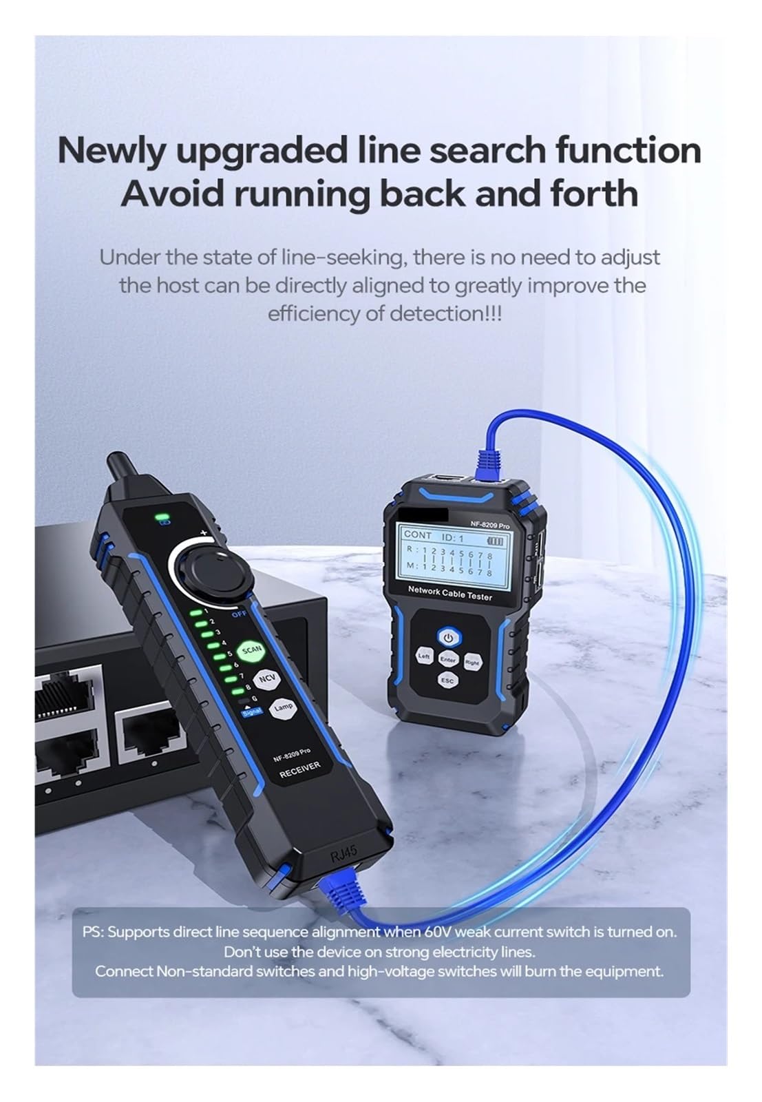 Localizzatore di Cavi, Tester for cavi di rete, tracciamento Cat5 Cat6, tester PoE, rilevamento lunghezza, test continuità con NCV e lampada