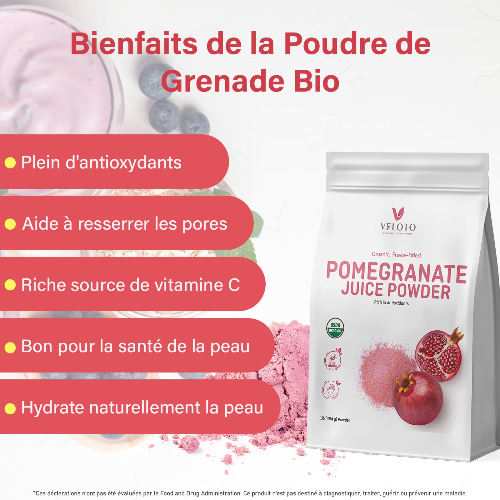 Poudre de Grenade Biologique, 454g Poudre de Fruit de Grenade 100% Naturelle – Riche en Antioxydants, Soutien Immunitaire, Sans OGM, Sans Gluten, Vegan – Pour Smoothies, Yaourts et Shakes