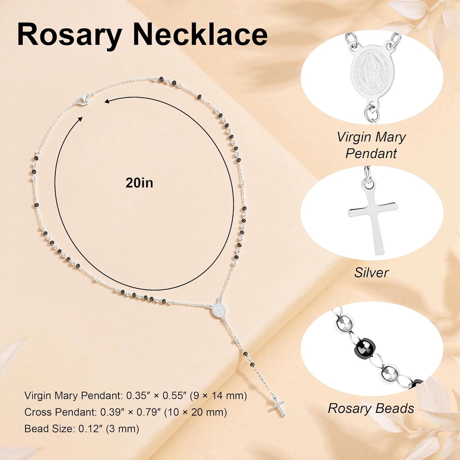 Rosary Cross Necklace for Women, Gold Plated Silver Black Virgin Mary Rosary Bead Necklace Catholic Jewelry - Image 2