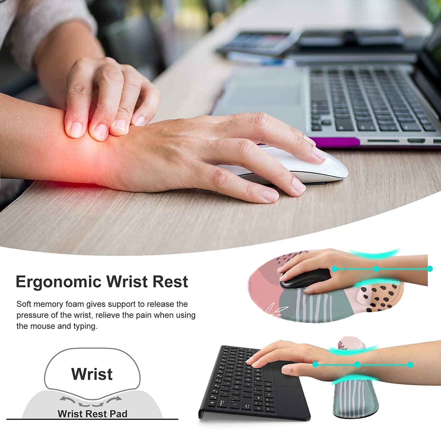 Poggiapolsi e tappetino per mouse con supporto per il polso, tappetino ergonomico per mouse in memory foam, per giochi e ufficio, sollievo dal dolore, set di supporto per il polso