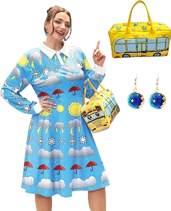 Maisolly Womens Halloween Costume Sets 3 Pcs Plus Size Cute Long Sleeve Dress with Handbag Earrings XL - 4XL