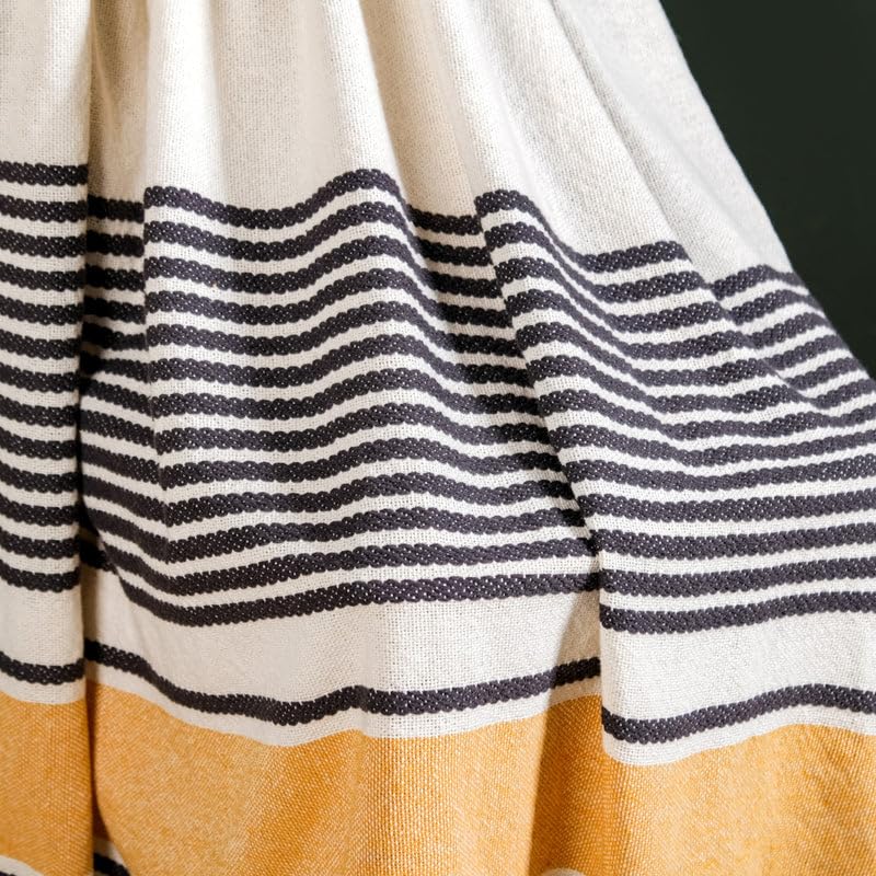 Image of HAKAM 100% Cotton Soft Throw Blanket with Fringe | White & Mustard Stripe | Cozy Breathable Decorative Couch, Bed, Sofa Throw | 50x60 inch