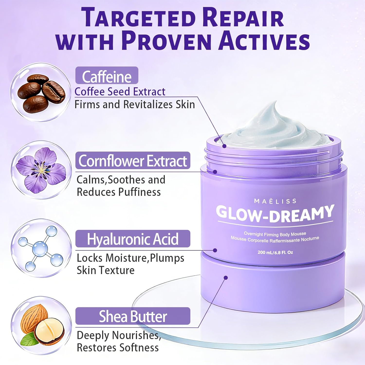 MAËLISS Overnight Toning Body Whip - Firming for Loose Crepey Skin on Arms, Thighs & Belly, Moisturizing & Anti-Wrinkle Night Cream to Improve Tone While You Sleep, 6.8 Fl oz