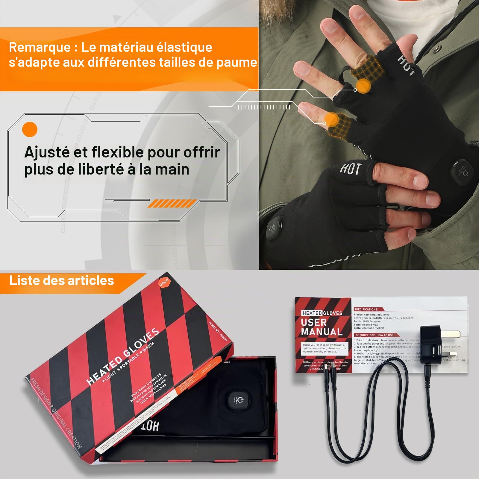 uncn Mitaines chauffantes rechargeables pour homme et femme – Gants de travail tactiles pour l'hiver par temps froid – Mitaines thermiques électriques
