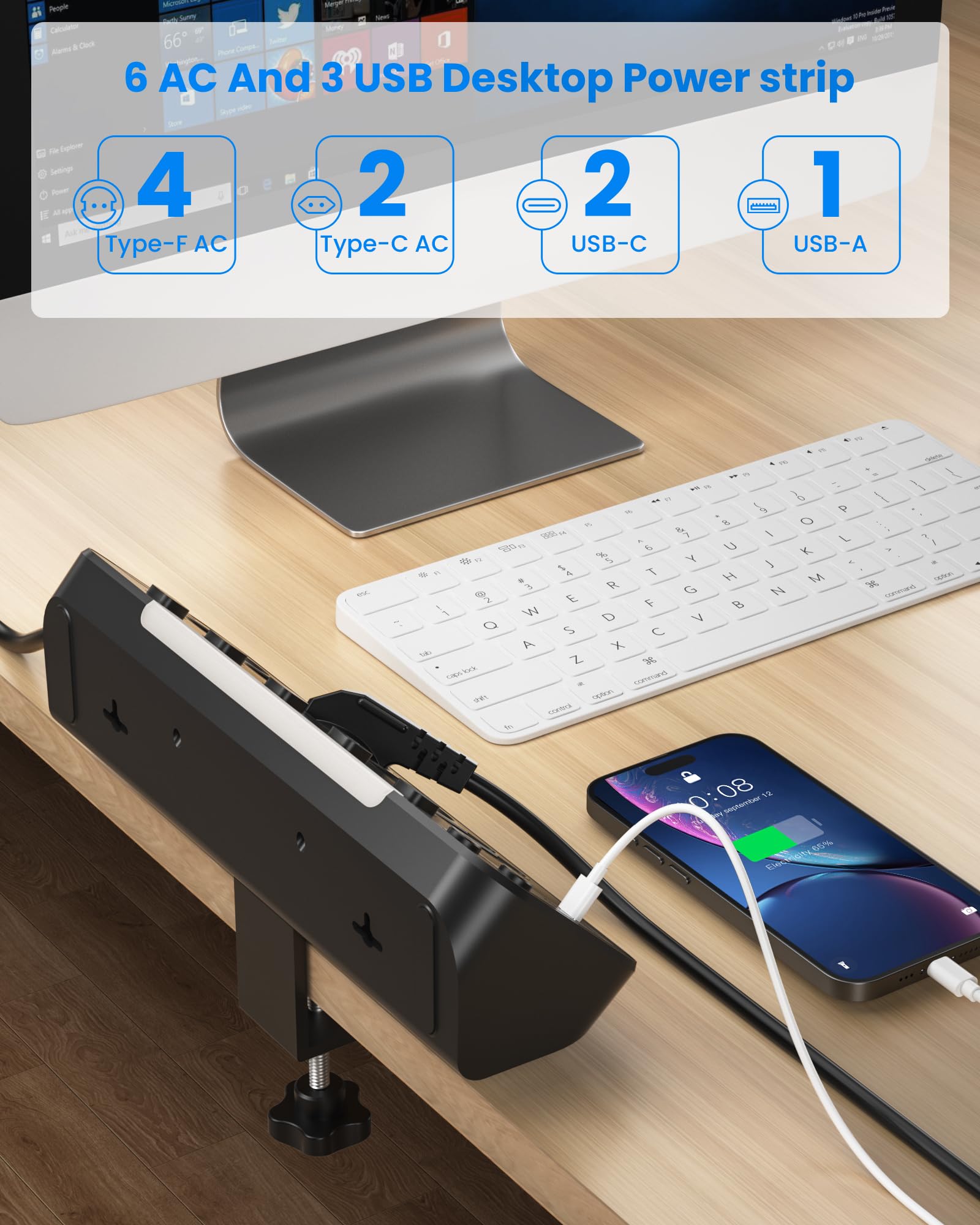 Toma de Mesa con USB C,Regletas Enchufes Proteccion Sobretension,PD20W Regleta de Escritorio con Interruptor,Enchufes Múltiple Cocina con Placa de Sujeción,Ladron Enchufes 6 Tomas,Cable 2 m,Negro