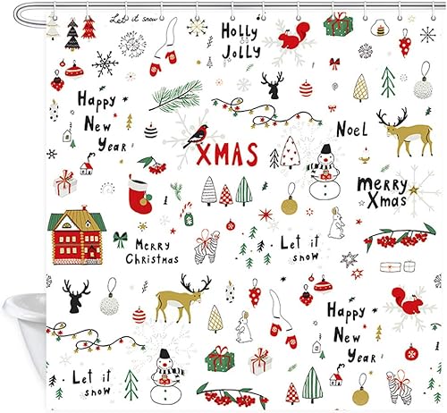 Miniatura 2 de Cortina de ducha de Navidad con diseño de muñeco de nieve retro rojo con árbol de Navidad y conejo con citas de invierno Let it Snow Cortina de