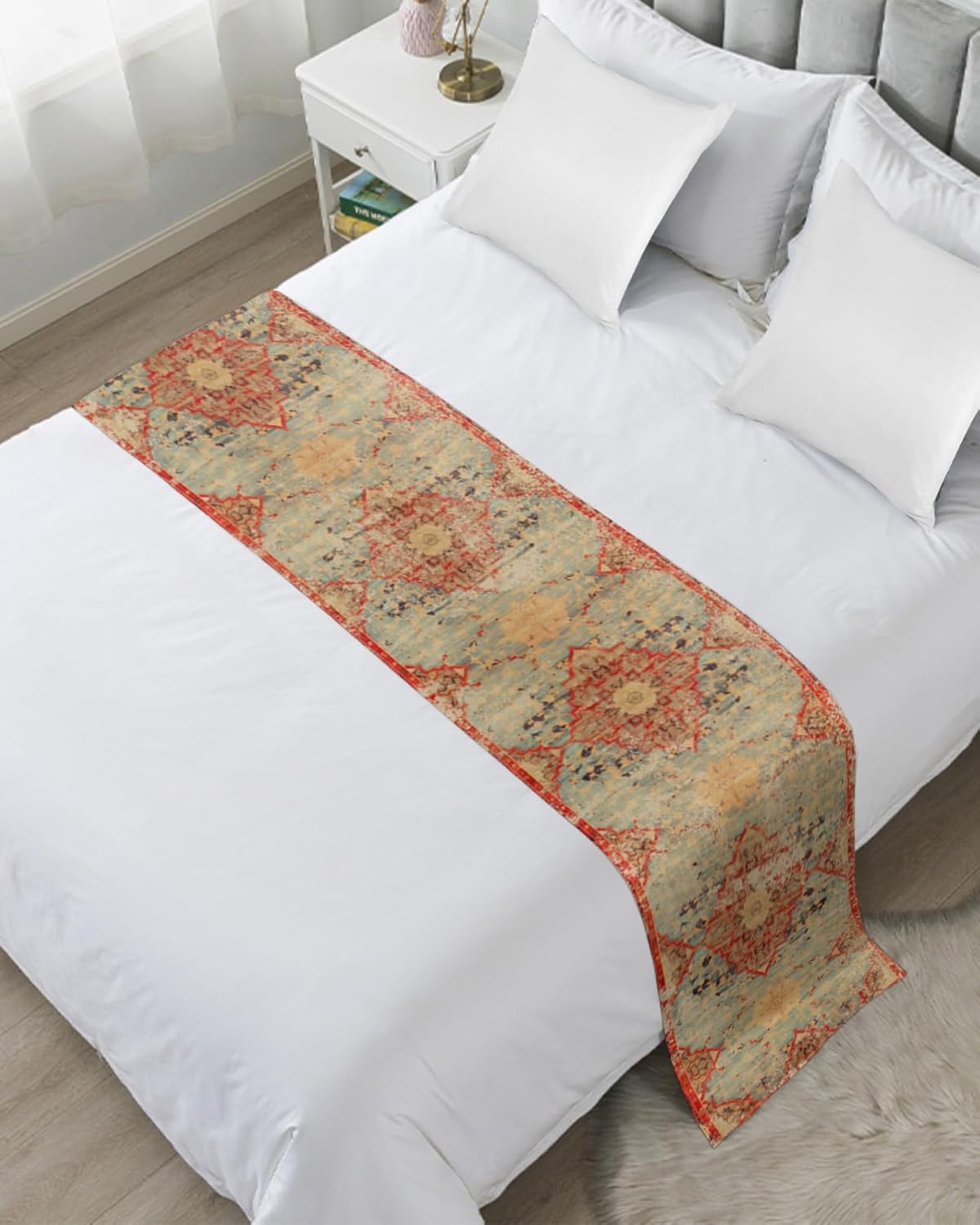 Western Rustic Bed Runner Scarf Bedding Accessory For Queen Size Bed,Soft Bed Scarves And Runners Stainproof Dustproof Bedroom Protector For Hotel,Vintage Shabby Chic Tribal Patterns Ethnic 94"x20"