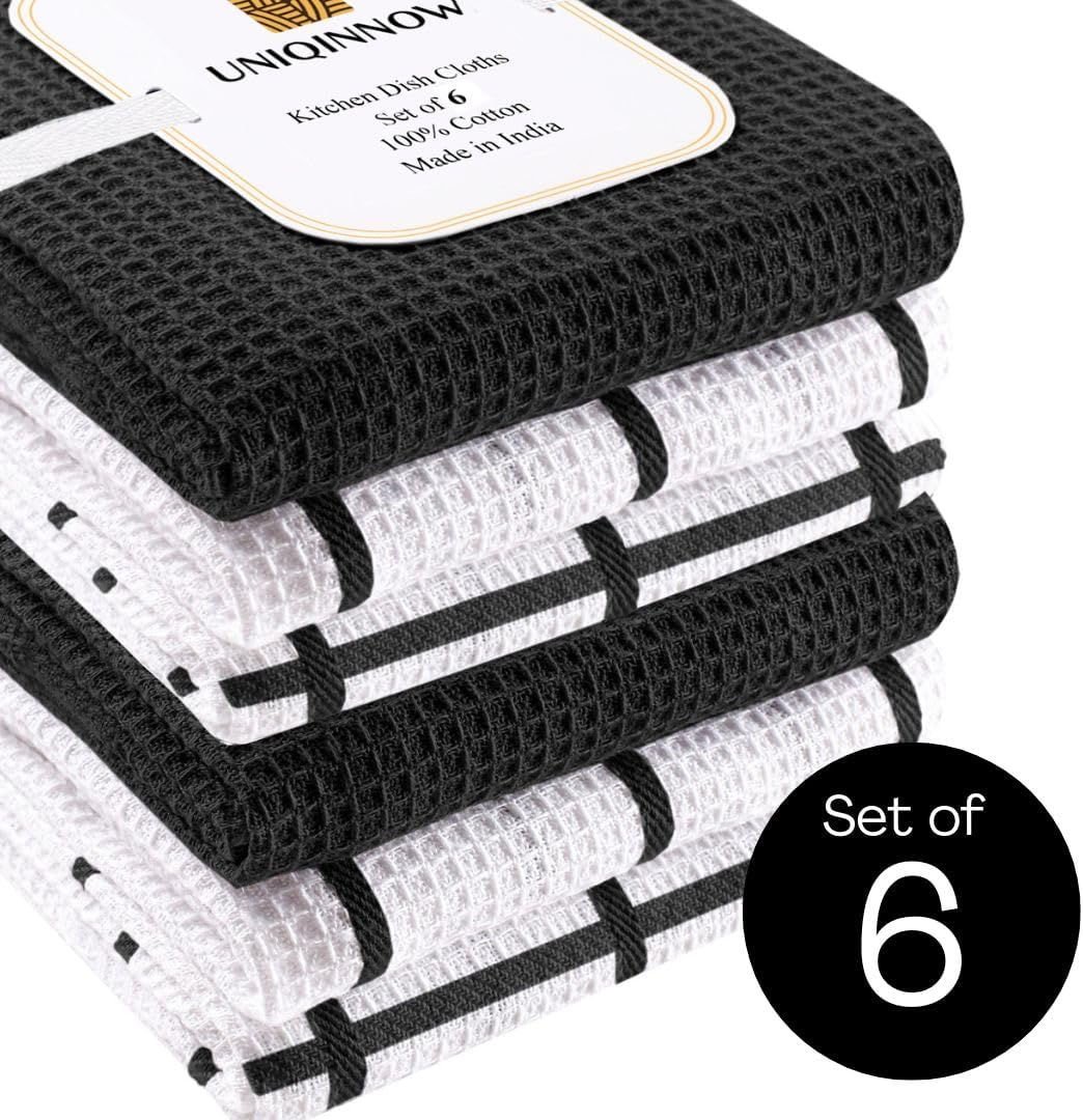 Assorted Waffle Kitchen Dish Towels Cotton Set of 6, Soft Absorbent Quick Drying Table and Kitchen Linen, Tea Towels and Cleaning Towels with Hanging Loop, Dish Towels 15x25 Black - Image 2
