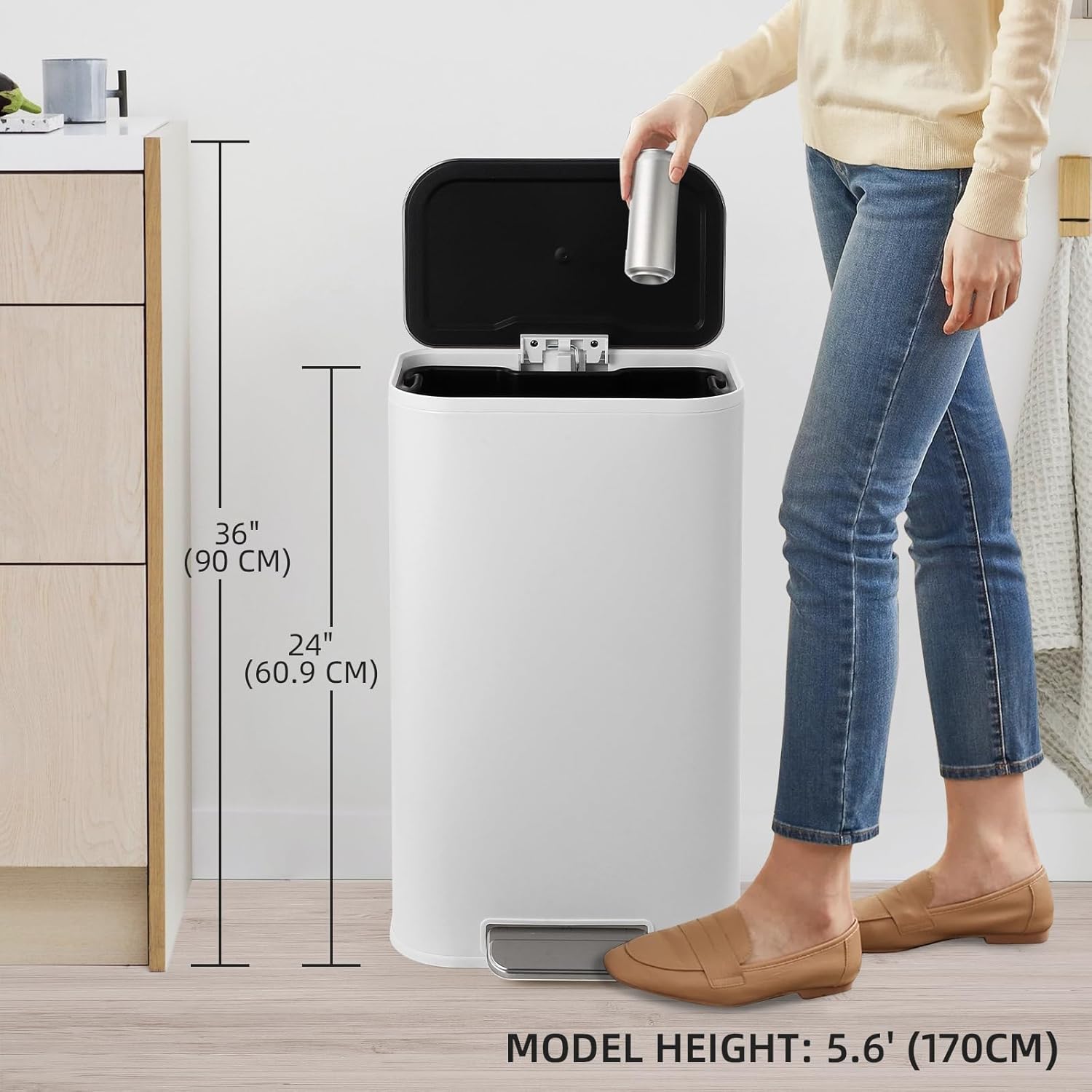 GarveeHome Kitchen Trash Can, 8 gal Stainless Steel Garbage Can with Soft Close Lid Foot Pedal & Removable Inner Bucket, Rectangular Step On Waste Bin for Home Office Living Room (Matte White)
