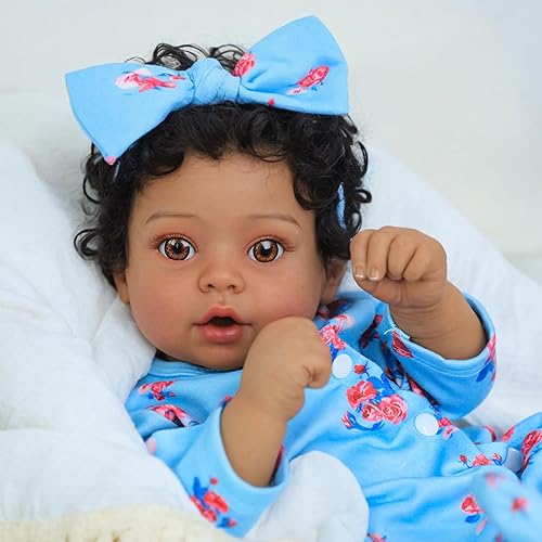 Miniatura 8 de SCOM Lifelike Reborn Baby Dolls - Saskia 23 inch Realistic Toddler American African Black Gril Baby with Cloth Body Vinyl Limbs Yellow Knit Clothes