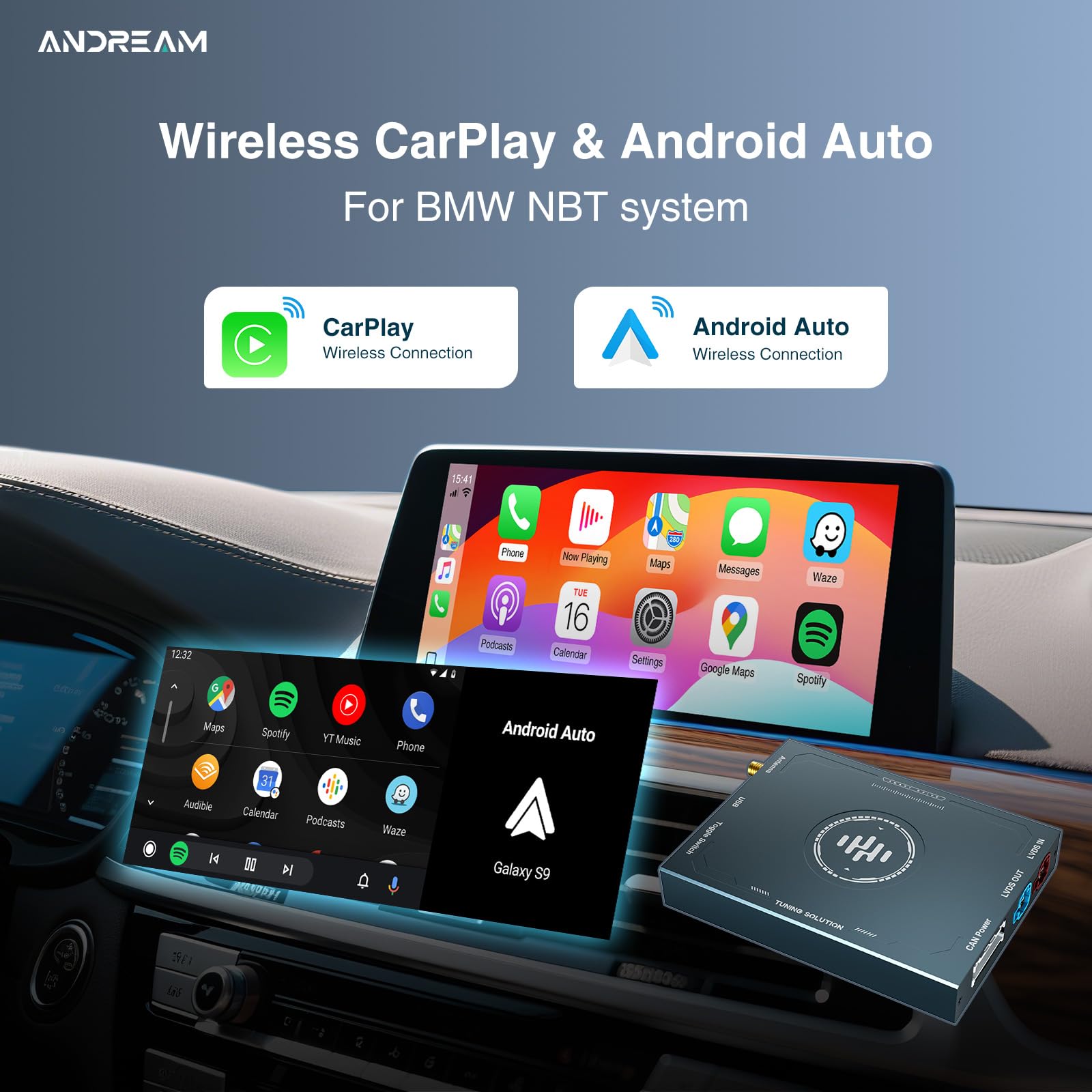 Andream Wireless CarPlay Android Auto per BMW serie 1 2 3 4 5 6 7 X3 X4 X5 X6 MINI con sistema NBT, ricevitore radio multimediale per auto, supporto Mirrorlink, navigazione GPS, telecamera posteriore