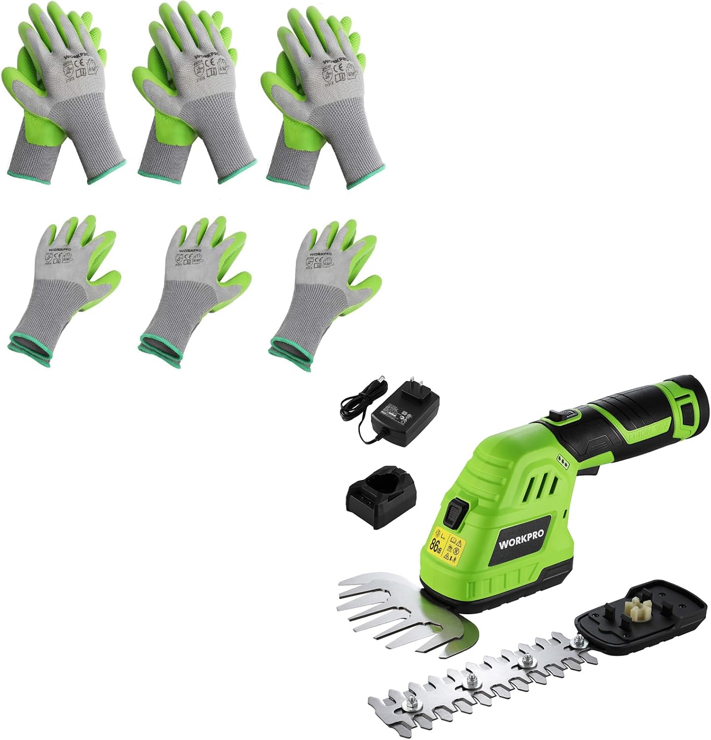 WORKPRO 6 Pairs Garden Gloves & 12V Cordless Grass Shear