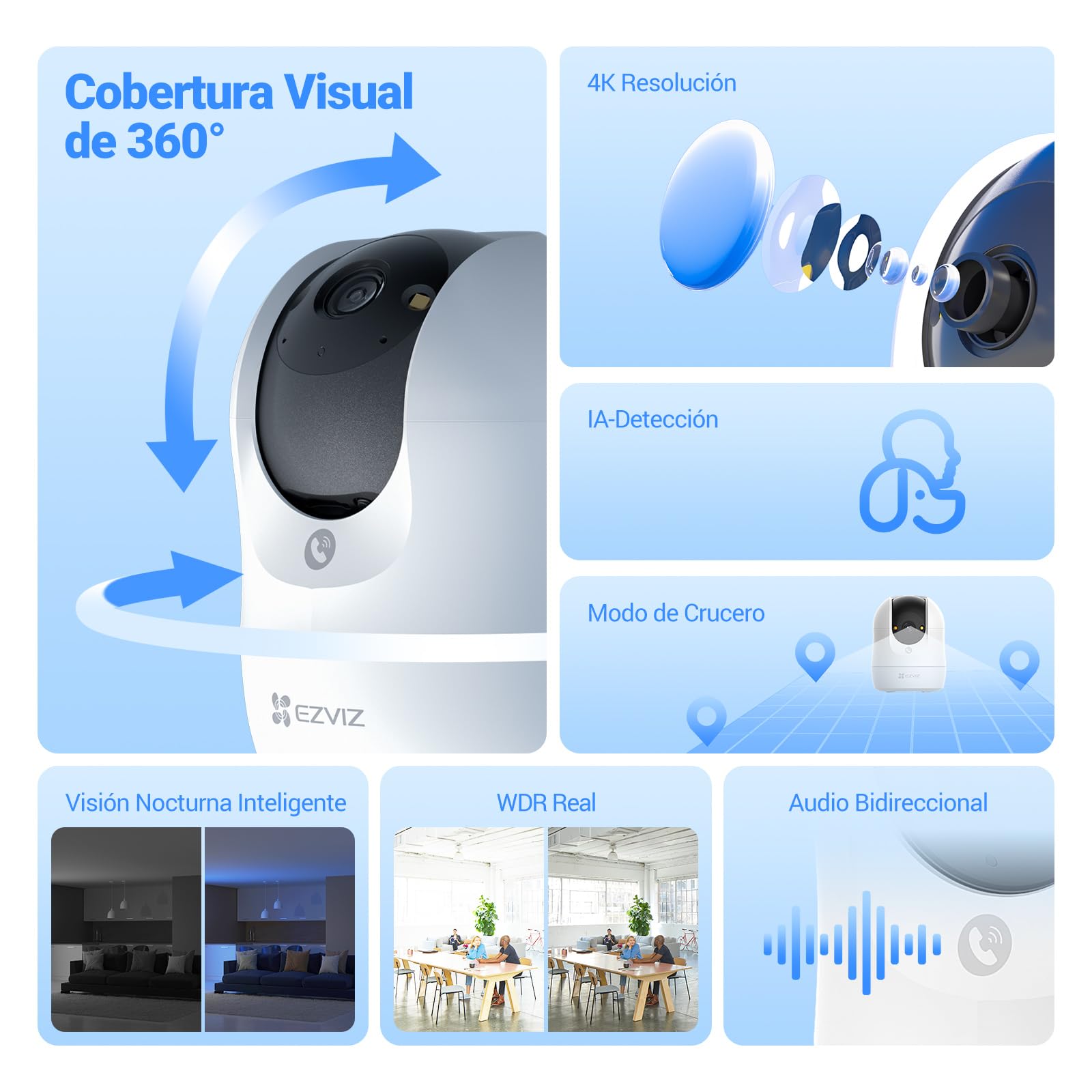 EZVIZ 4K Cámara Vigilancia WiFi Interior 360°, Cámara IP Deteccion de Personas/Mascotas/Ruido, Seguimiento con Zoom Automático, Visión Nocturna en Color, Audio Bidireccional, Wi-Fi 2.4/5GHz, C6N G1