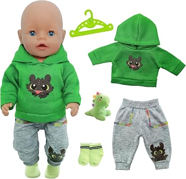 Baby Doll Clothes for 14-18 Inch Doll, Baby Doll Accessories for 35-45cm Dolls, Sweet Dolls Clothes with Green Hooded Sweatshirt Dinosaur Doll Trousers Socks Hanger for Doll Outfit Girls Birthday Gift