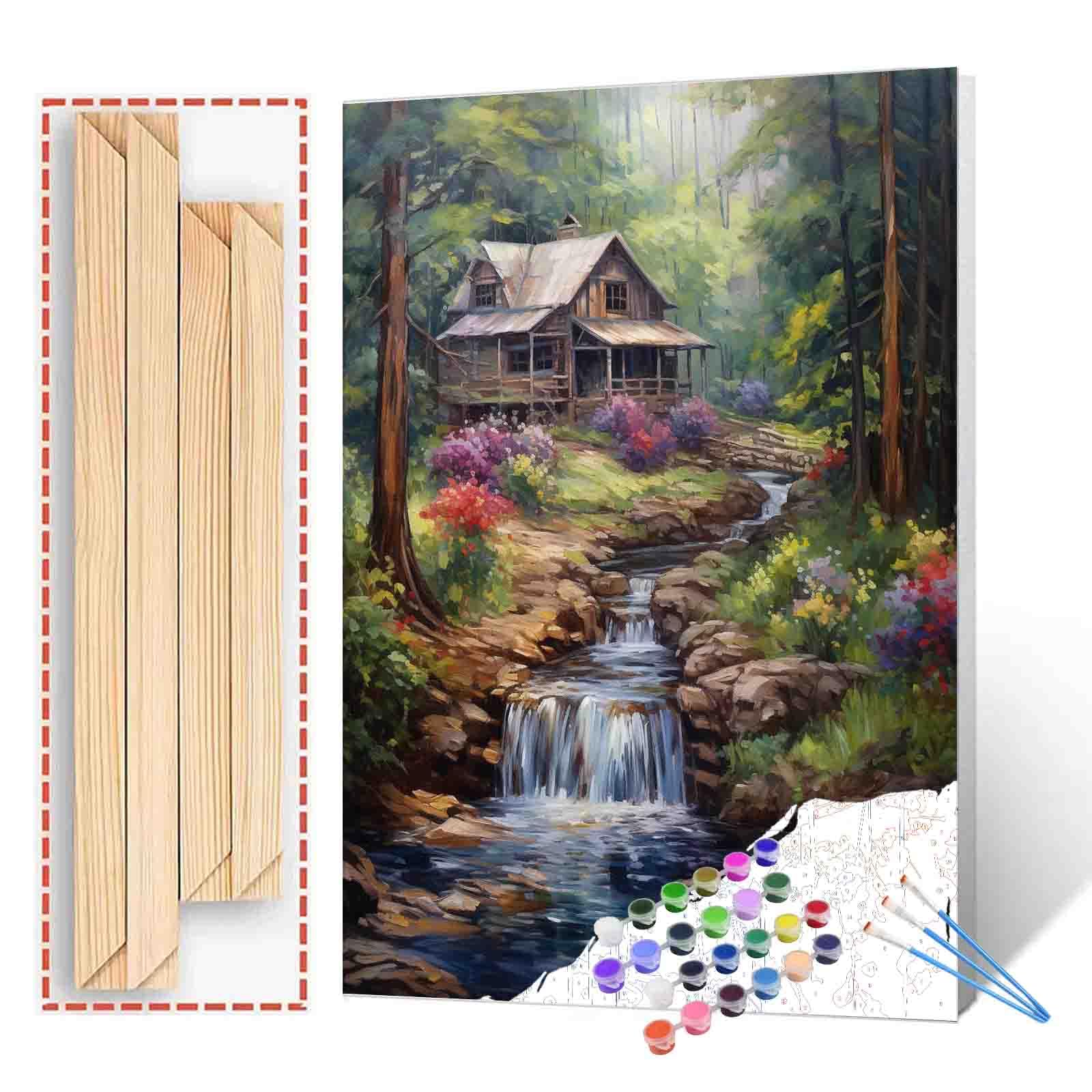 Tucocoo Forest Waterfall Paint by Numbers Kits with Brushes and Acrylic Pigment on Canvas Painting for Adults, Rustic Wood Cabin Trees Landscape Picture for Home Decor Gifts 16''x20'' (DIY Framed)