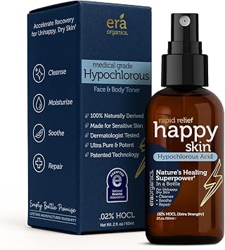 Hypochlorous Acid Spray for Face and Body - Happy Skin .02% Natural Toner | Extra Strength Face Mist Calms Redness, Hydrates Dry & Sensitive Skin Fragrance-Free, pH-Balanced, Non-Toxic 2oz