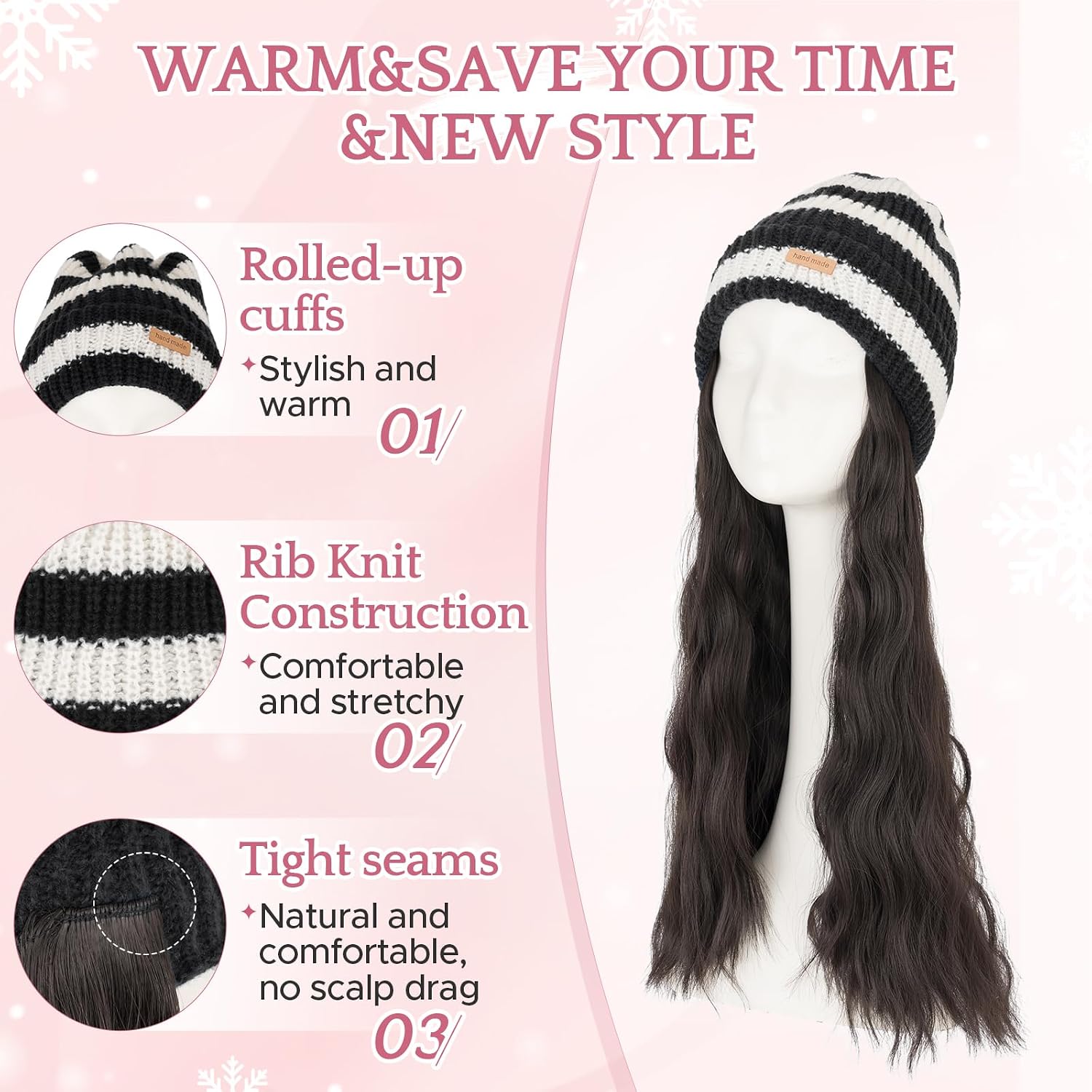 SEGO Beanie Wig for Women Hat with Hair Extensions Cap with Hair Attached for Women Synthetic 18 Inch Wavy Curly Hairpiece Winter Warm Black and White Knitted Hat Wigs 04