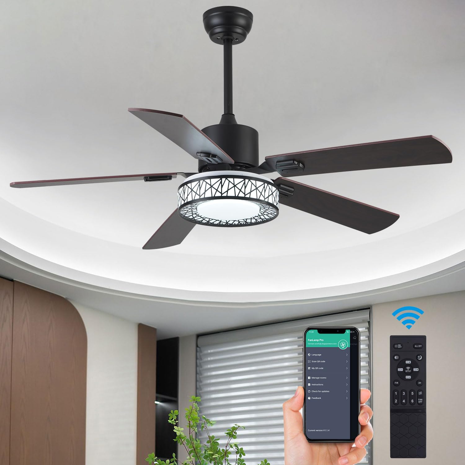52" Outdoor Ceiling Fan with Lights Remote Control,Dimmable Black Wooden Ceiling Fan with Reversible Quiet Motor 5 Blades 6 Speed for Patio Living Room, Bedroom, Office,Indoor Outdoor