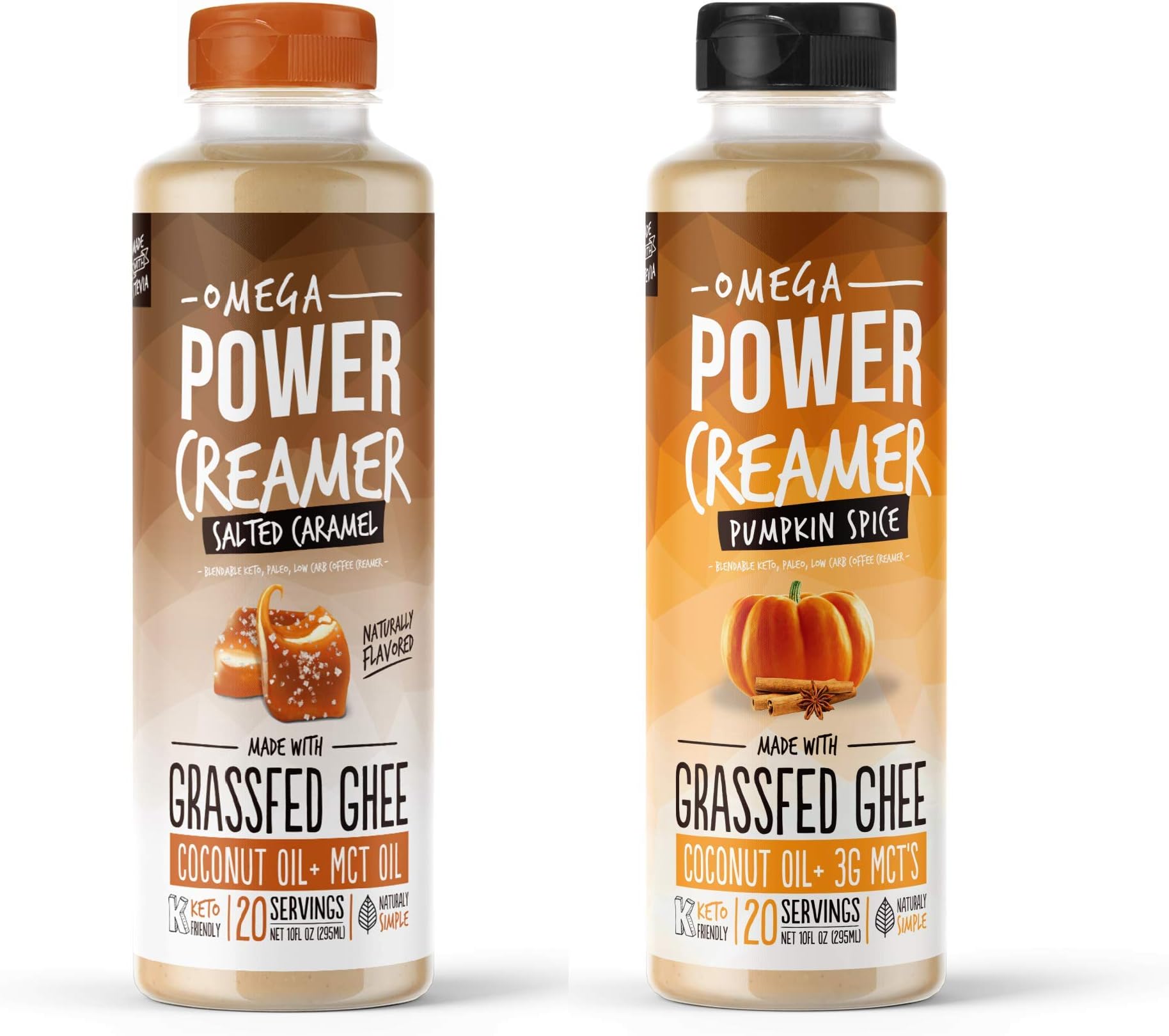 Omega PowerCreamer - Keto Coffee Creamer Sweet Pack - Pumpkin Spice & Salted Caramel - Grass-fed Ghee, MCT Oil, Organic Coconut Oil, Stevia Powder - Low Carb, Sugar Free - 10 oz bottles