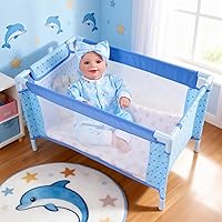 BABESIDE Foldable Baby Doll Crib for 18 Inch Dolls - Sturdy Playpen Bed with Storage Bag, Blue Reborn Doll Accessories Set