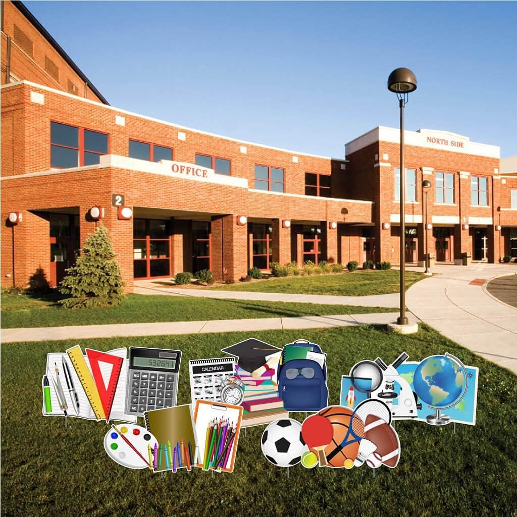 VictoryStore Welcome Back To School Supply Filler Yard Cards, 5pcs, Includes Metal Stakes, 19439