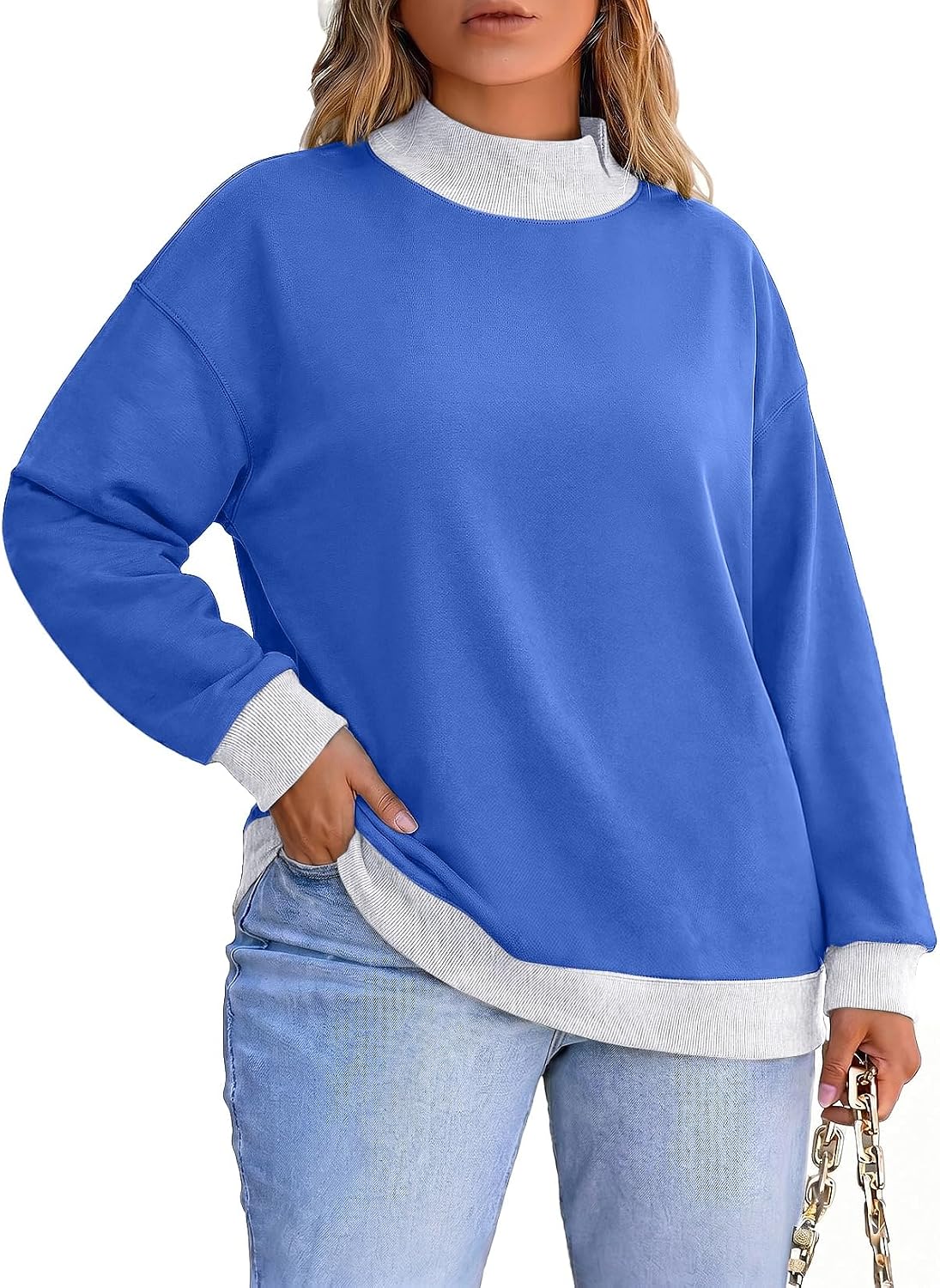 Eytino Womens Plus Size Sweatshirt Mock Neck Long Sleeve Pullover Top | Oversized Color Block, Loose Casual, with Pockets, Trendy Fall Outfits, 1X-5X