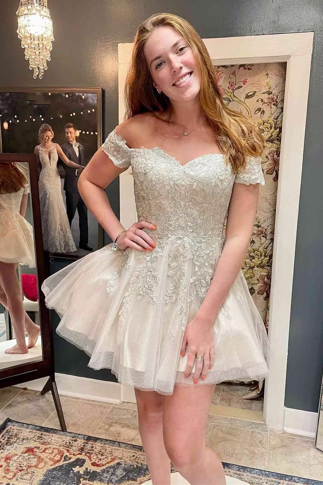 Basgute Vestidos cortos de encaje con apliques de encaje para adolescentes, tul con purpurina, hombros descubiertos, vestido formal de cóctel