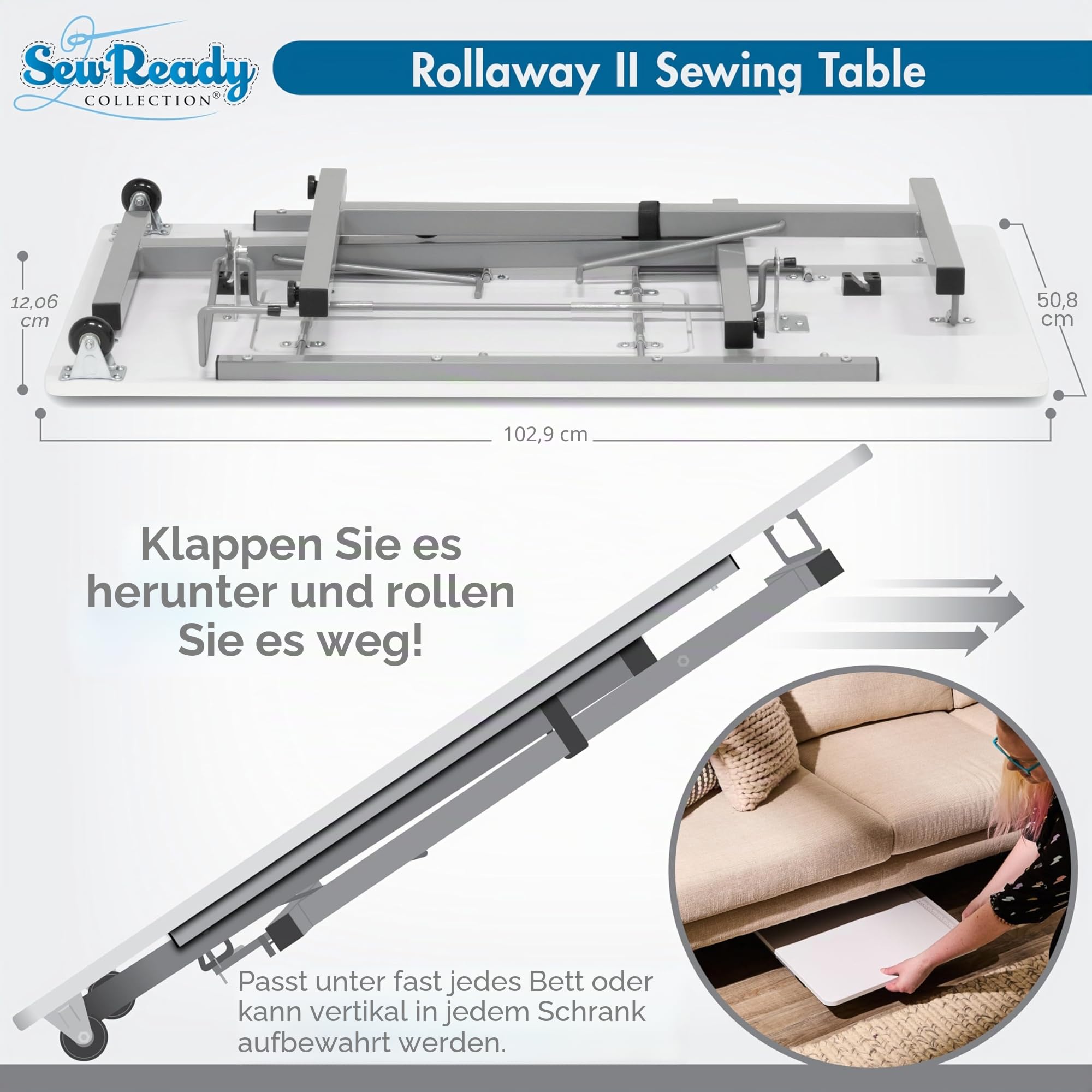 Rollaway II Nähtisch, faltbar, tragbar, kompakt, silberfarben und weiß