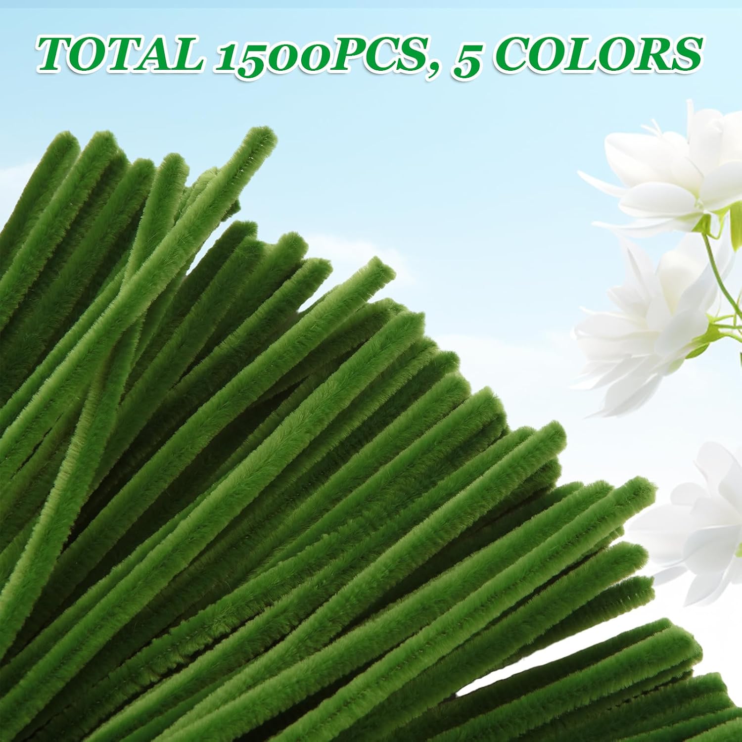 ABuff 1500 Pieces Pipe Cleaners Assorted Colors Chenille Stems for DIY Art Craft Decorations, 5 Colors Craft Pipe Cleaners for Creative School Projects, Green, 6 mm x 12 Inch