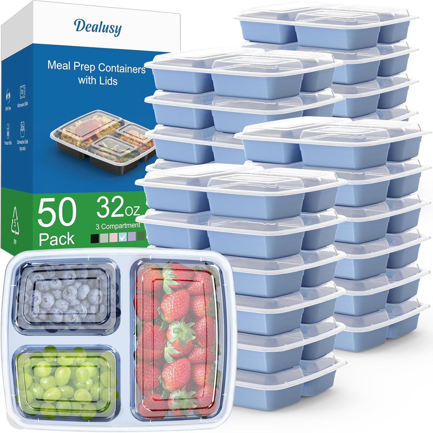50 Pack (100-Piece) 32 oz Meal Prep Containers Reusable with Lids 3-Compartment, To Go Take Out Plastic Food Storage Containers, Sturdy Leakproof Food Safe, Microwave Freezer Dishwasher Safe, Blue