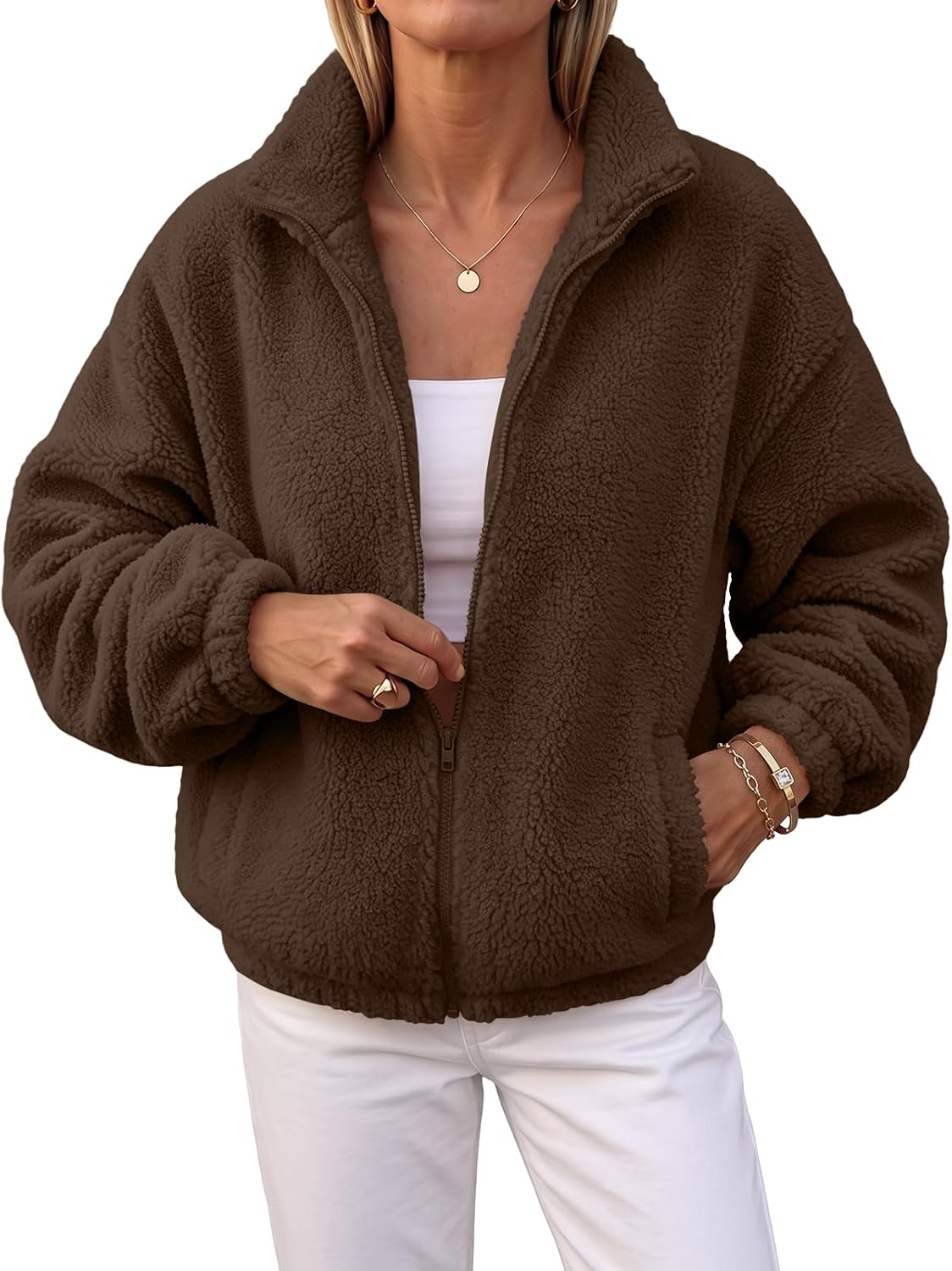 Trendy Queen Womens Full Zip Sherpa Fleece Jacket Stand Collar Cozy Coat