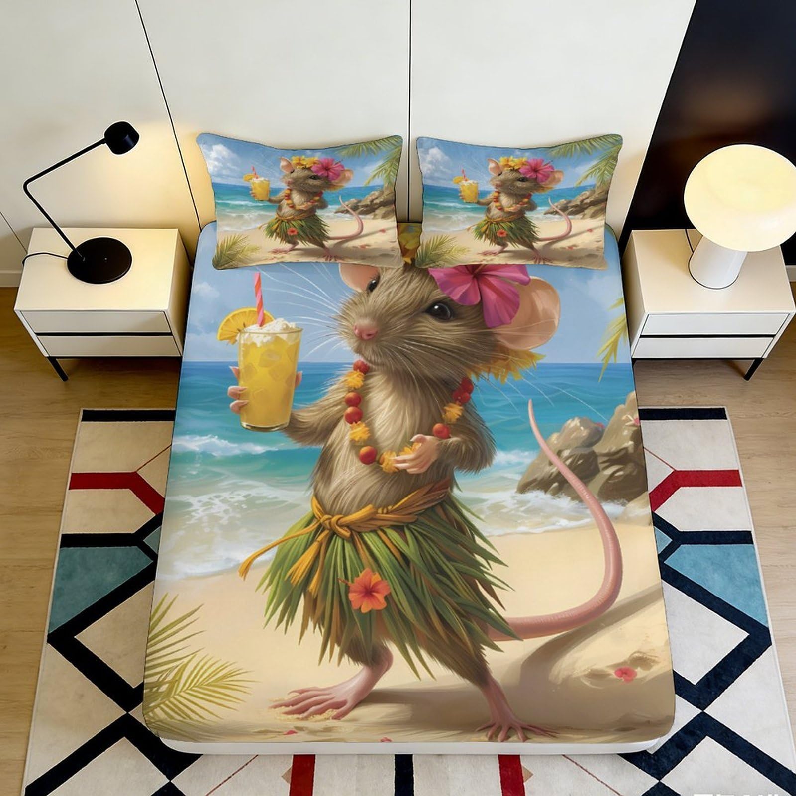 3D Printed Hawaiian Beach Mouse Fitted Sheet Microfiber Soft Breathable Tropical Cocktail Bed Cover for Bedroom Dorm Decor 90x200x25cm