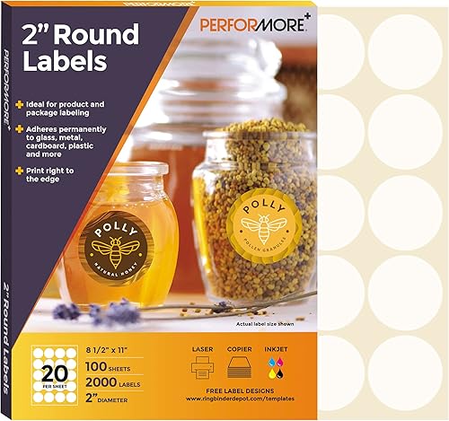 Performore Adhesivo redondo blanco mate de 2 pulgadas para imprimir hojas adhesivas | 2000 etiquetas a granel | Compatible con impresora de