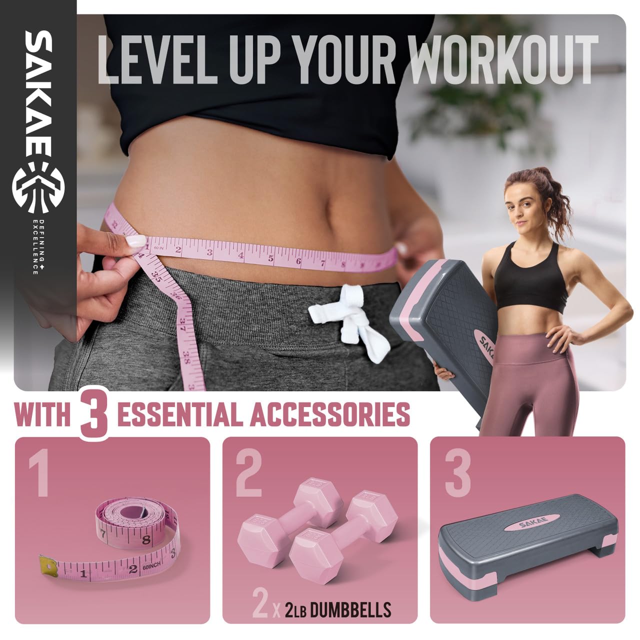 Juego de pasos aeróbicos de altura ajustable con 2 mancuernas y cinta métrica, plataforma de entrenamiento con elevadores de nivel, rosa y gris, el mejor regalo para unas vacaciones alegres y feliz