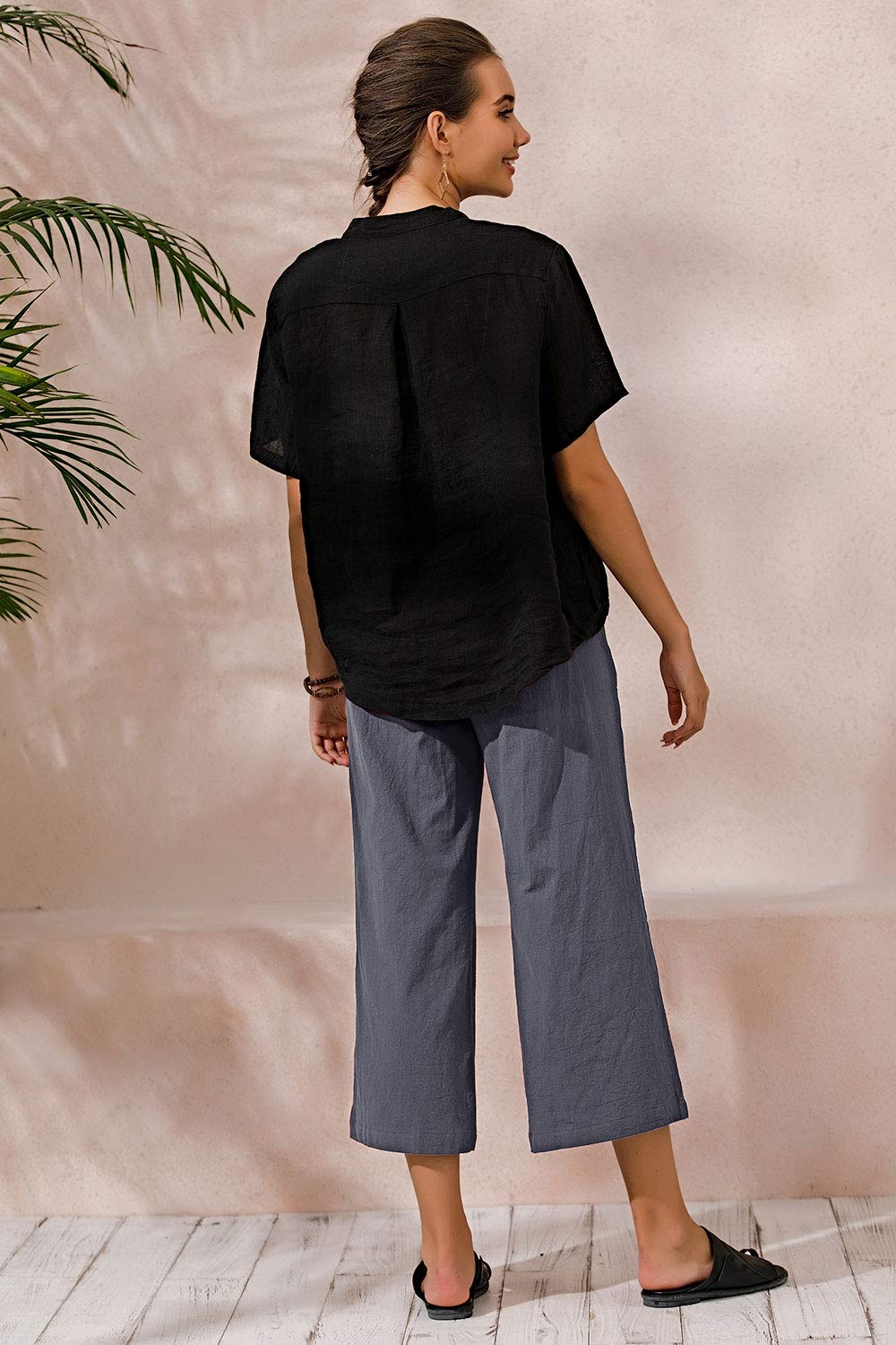 Ecupper Pantalones Anchos de Media Pierna para Mujer, Pantalones de Lino Estilo Boho con Cintura Elástica y Bolsillos, Cómodos y Estilosos para Vacaciones y Uso Cotidiano