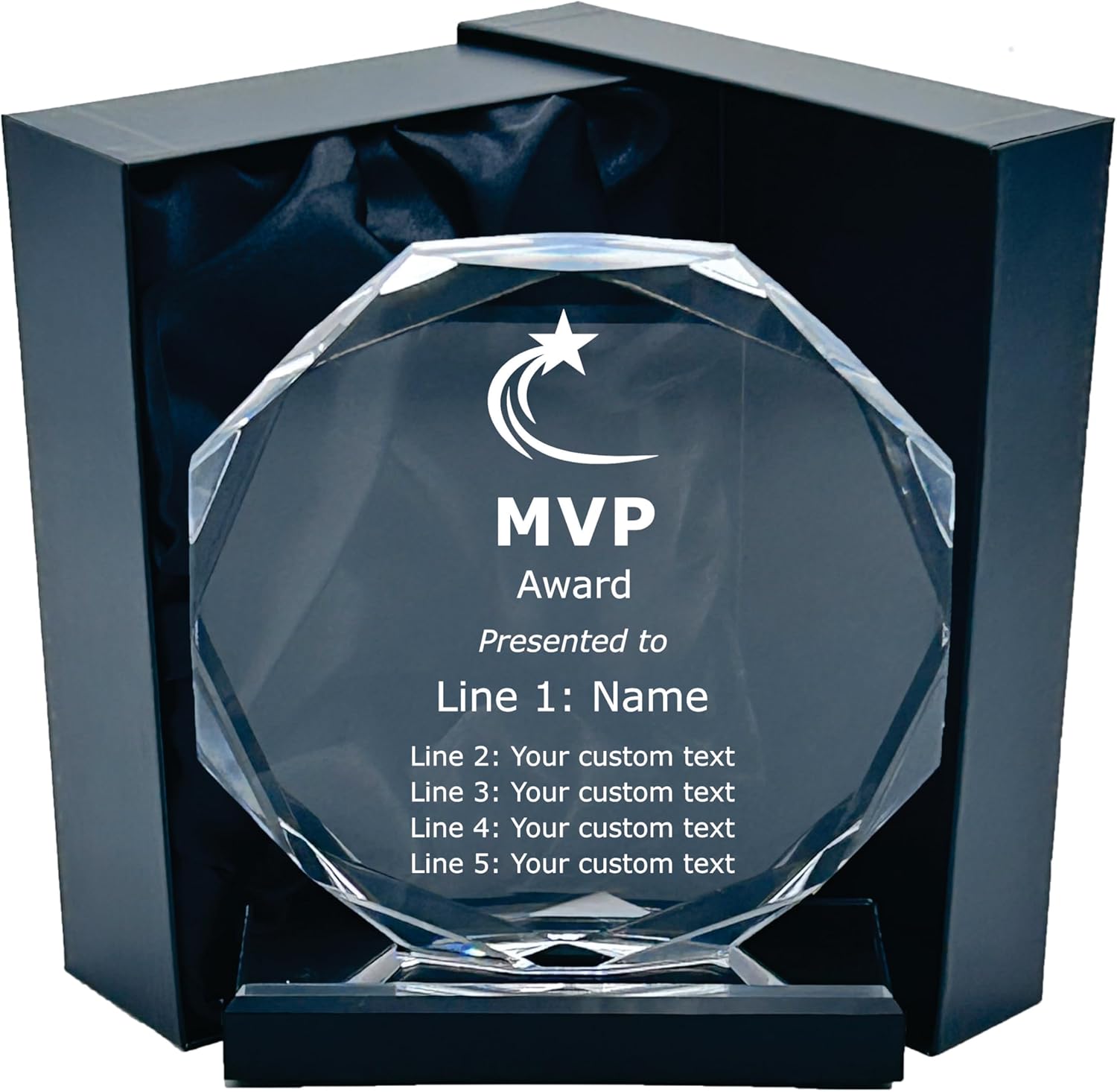 Recognize Success in Style with Various MVP Acrylic Trophy Awards with Gift Box. Create a Full Custom Award or Personalize one of Our preprinted Designs with Your Text.
