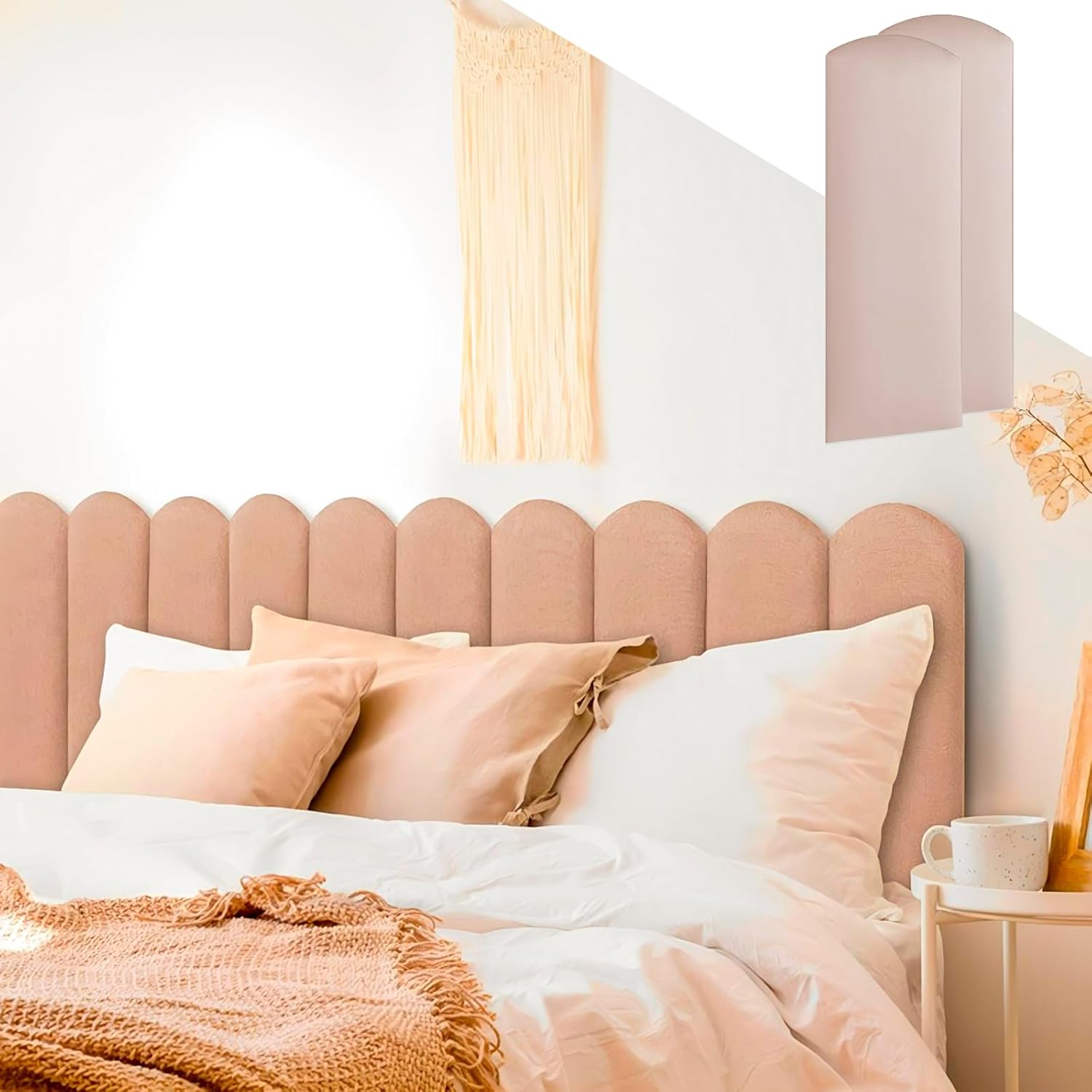 Upholstered Headboard for King, Full and Queen in Velvet Beige Wall Panel for Bedroom 23.6" x 7.8" Easy to Install & DIY Peel and Stick Style Kit Including 2 Mounting Tapes (10-Pack) Beige 10