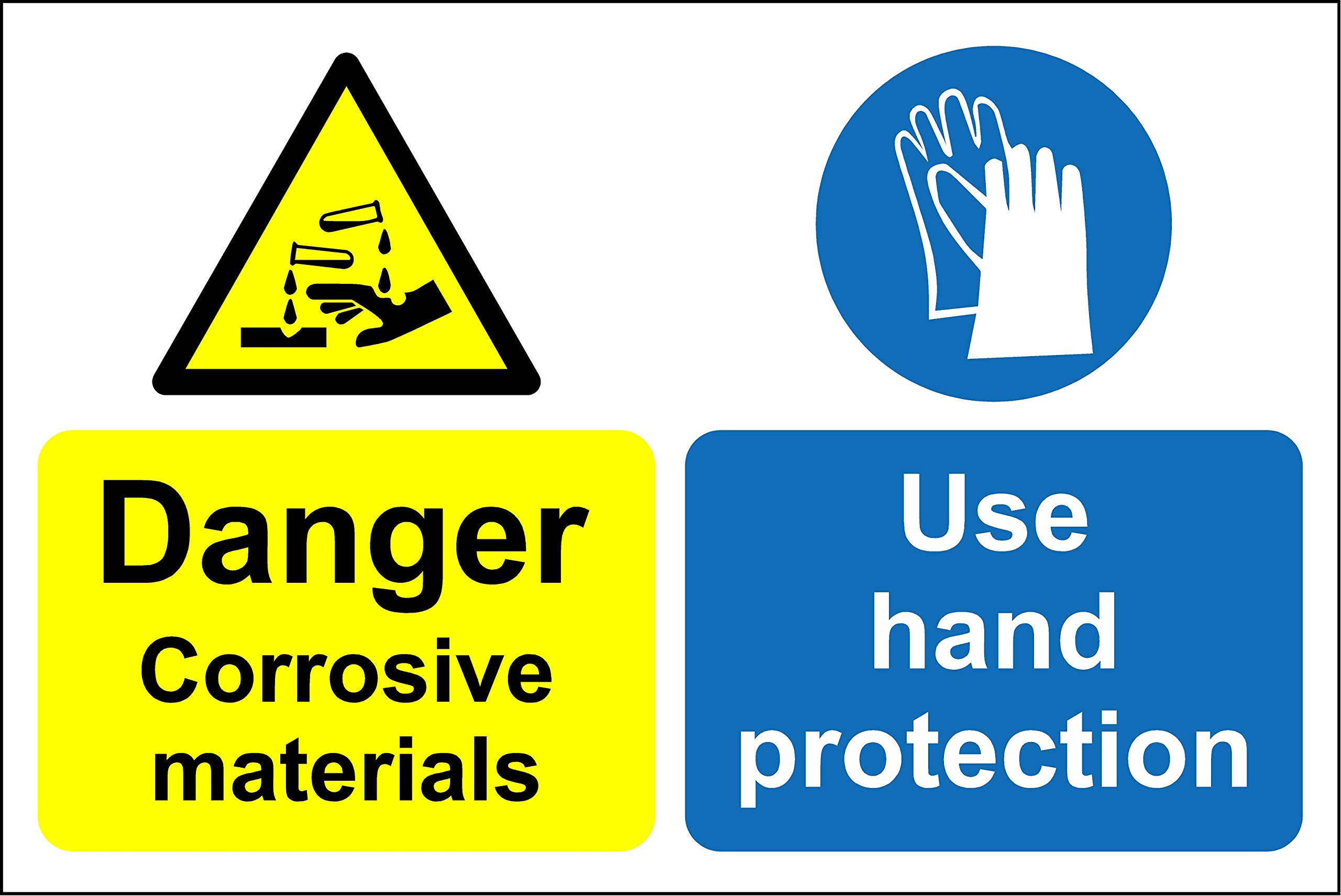 Warning corrosive materials use hand protection Safety sign - 3mm Aluminium sign 300mm x 200mm