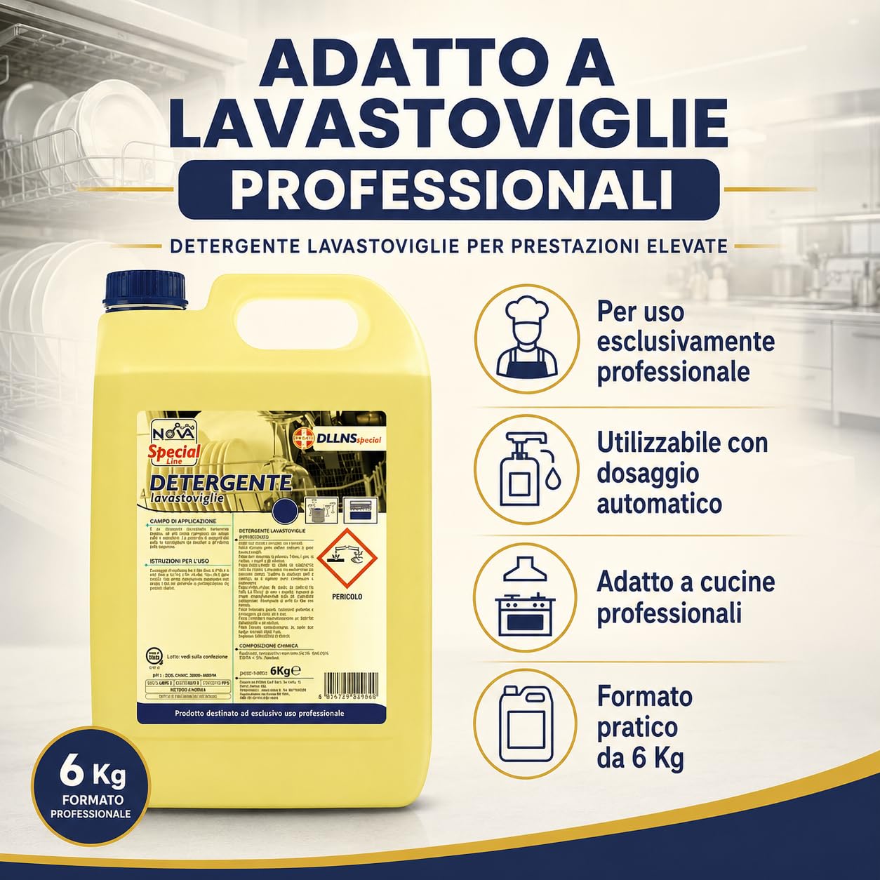 Detergente Lavastoviglie Professionale Liquido, 4 Taniche da 6 kg, Detergente Concentrato per Acque Dure, Pulizia Stoviglie per Ristoranti, Hotel, Bar e Cucine Professionali