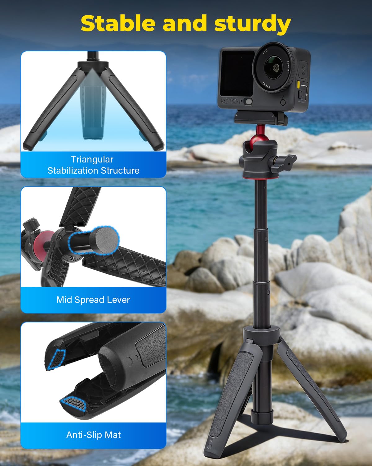 Trípode de palo selfie para DJI Osmo Nano/Action 6, 27,5 cm extensible selfie monopod, cierre rápido magnético, palo selfie con cabeza de bola de 360°, soporte de vlogging/accesorios — view 3