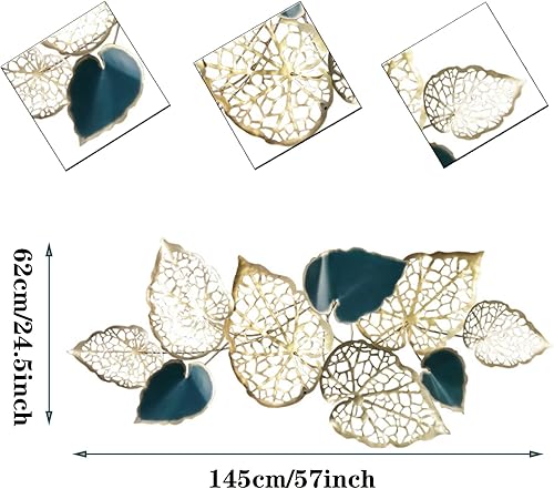 Miniatura 7 de Decoración de pared de metal para sala de estar, decoración de pared de hojas doradas, tamaño grande, 57 x 24.5 pulgadas, arte de pared de metal,