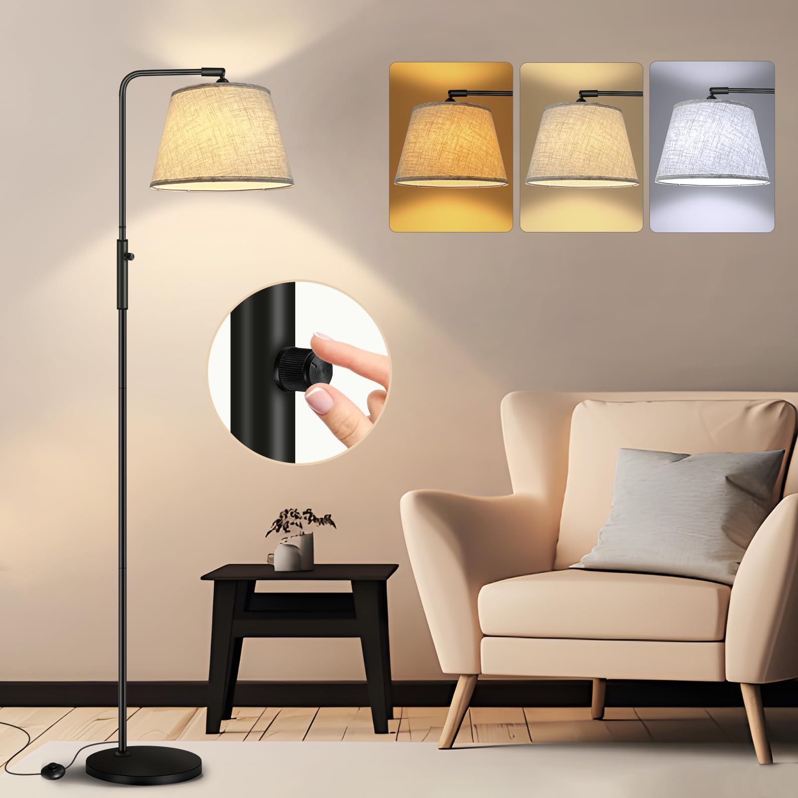 Weilim 9W Lampara de Pie Salon LED E27, Lámpara de Pie Regulable, 3 Colores 3000-6500K, 360° Rotativo Pantalla Lampara Beige, Regulador de Luz+Interruptor Pie, Floor Lamp Para Salón Dormitorio Lectura